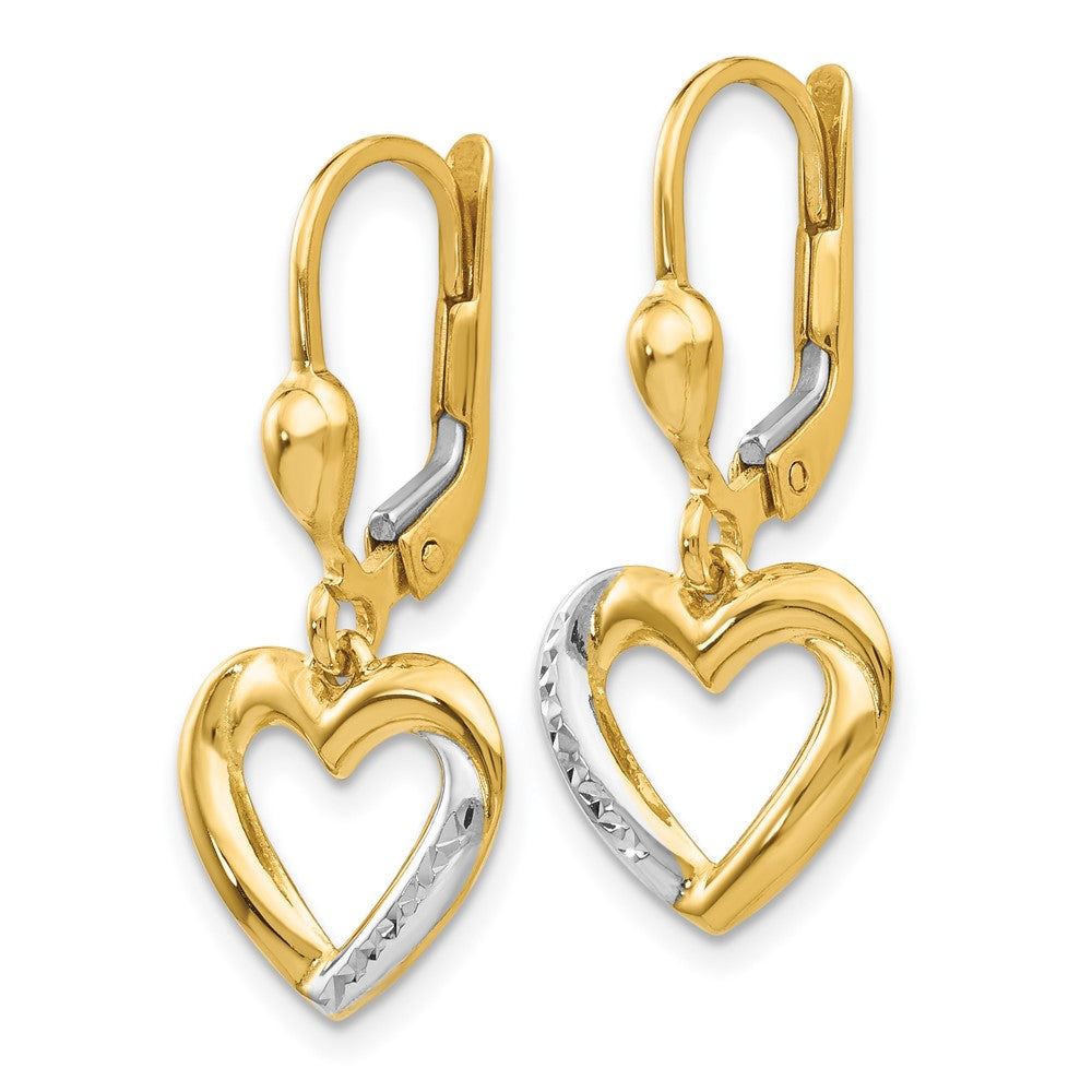 14K and Rhodium Textured and Polished Heart Leverback Earring