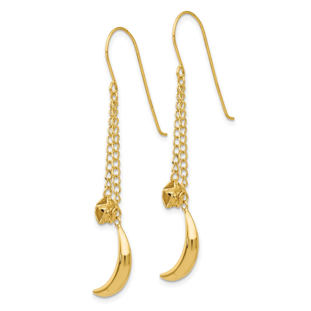 14K Chain Dangle Puffed Moon & Stars Shepherd Hook Earrings