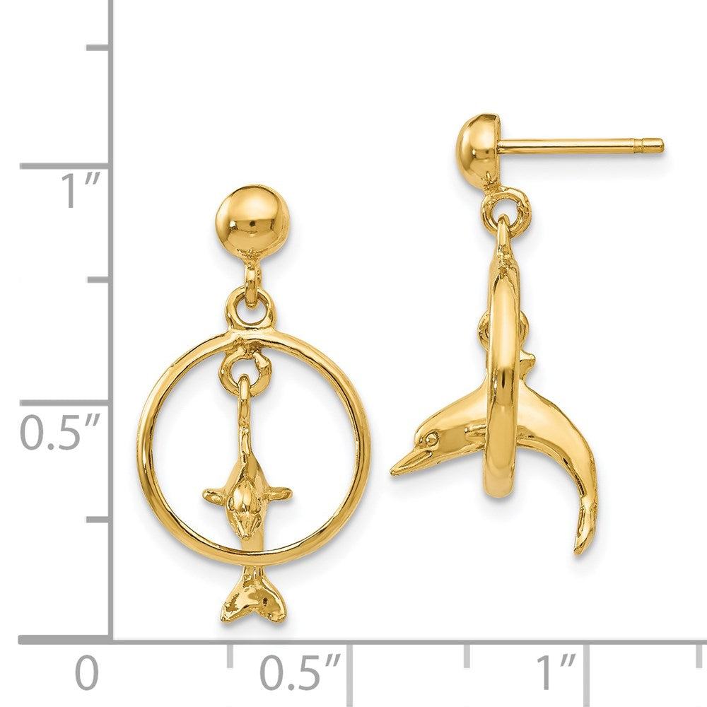 14K Polished 3-D Dolphin Jumping Through Hoop Dangle Earrings
