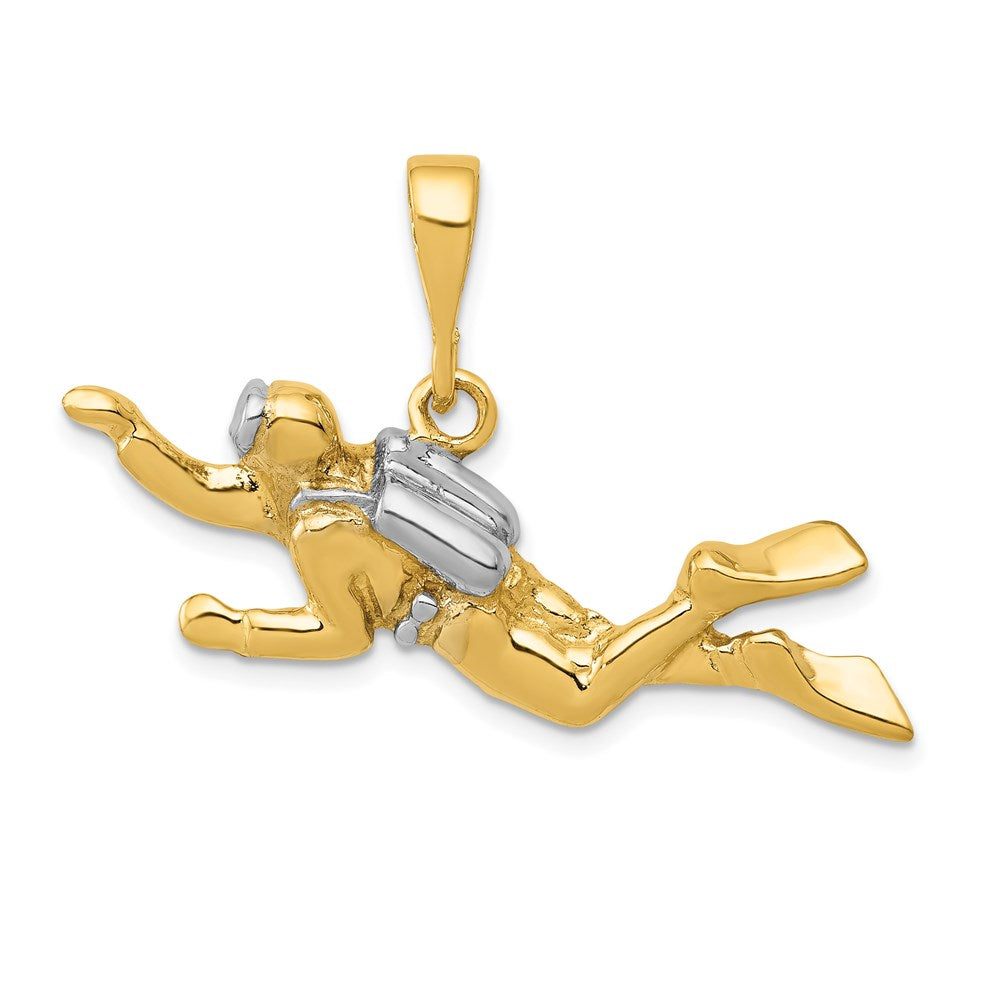 14K w/Rhodium Polished Open-Backed Scuba Diver Pendant