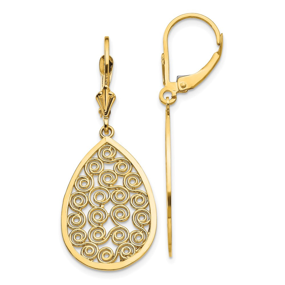 14k Teardrop Filigree Dangle Leverback Earrings