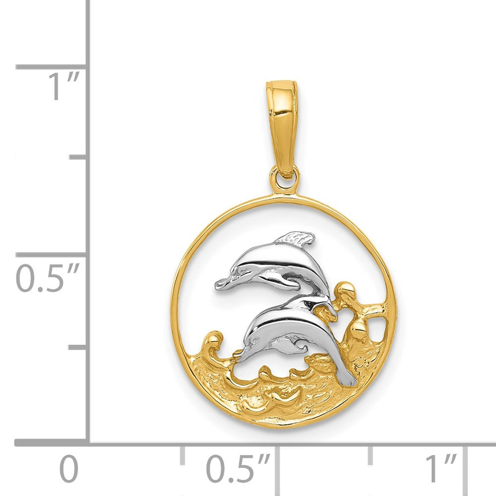 14K and Rhodium Double Dolphins In Circle Pendant