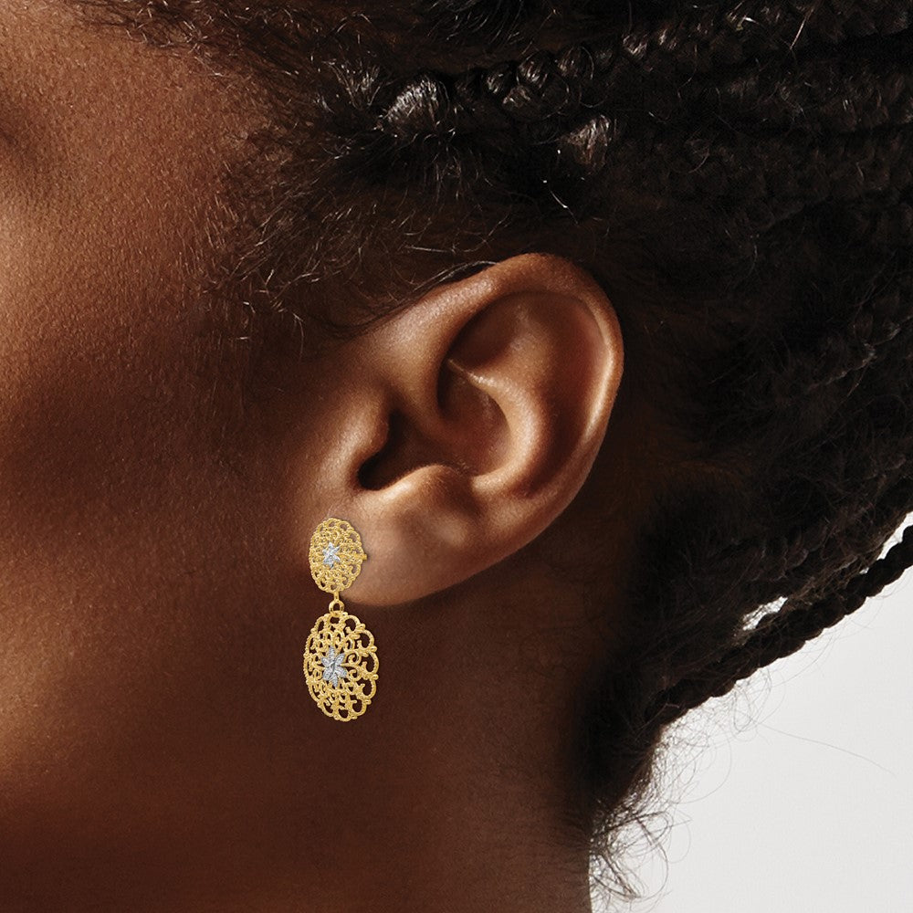 14K w/Rhodium D/C Filigree Medallion Drop Post Earrings
