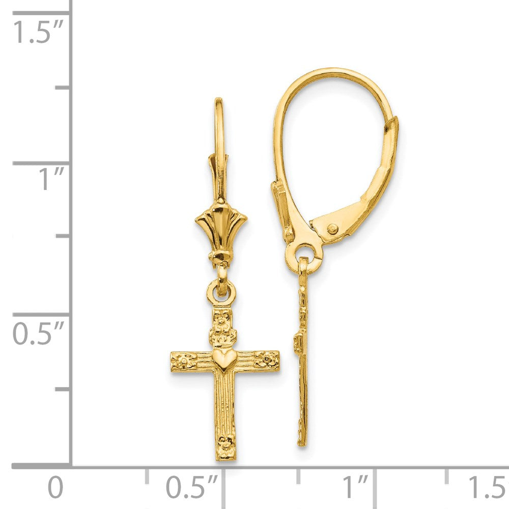 14K Mini Cross with Heart Leverback Earrings