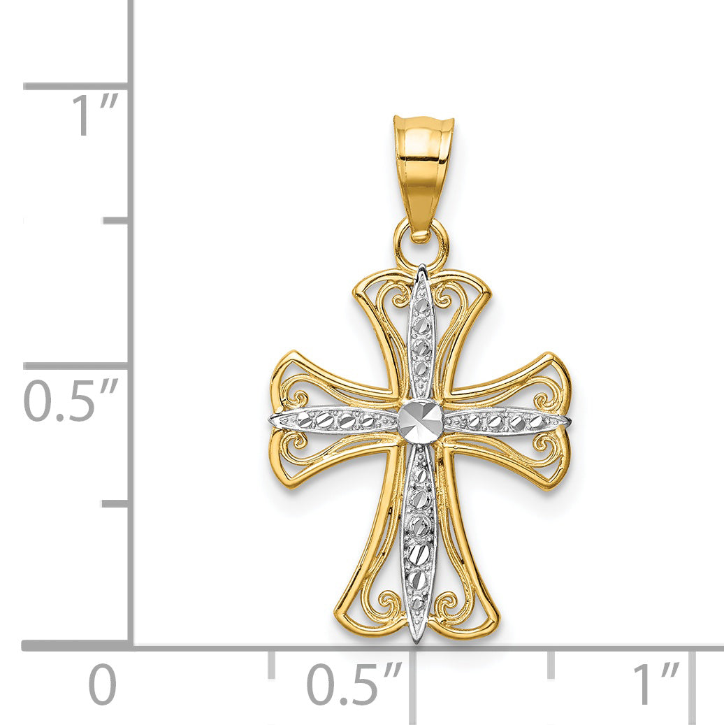 14k w/Rhodium Diamond-cut Cross Pendant