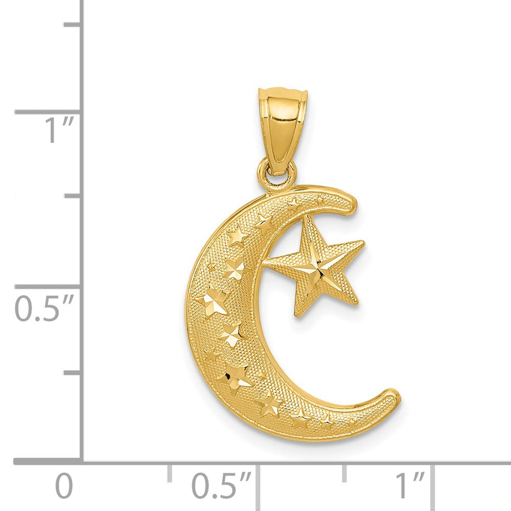 14k Gold Polished and Textured Moon and Stars Pendant