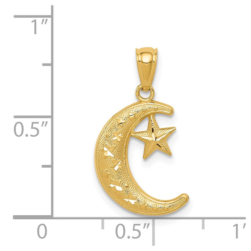 14k Gold Polished and Textured Moon and Stars Pendant