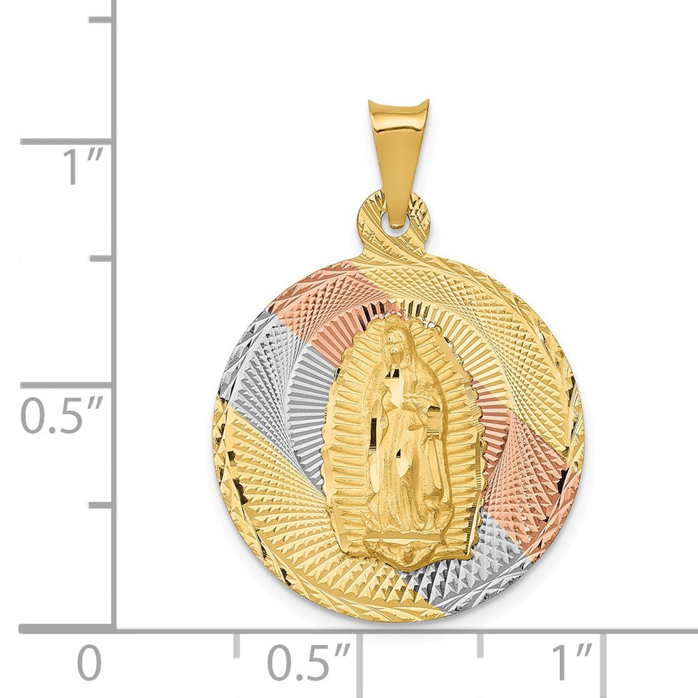 14K w/Rhodium Polished D/C Lady Of Guadalupe Circle Pendant