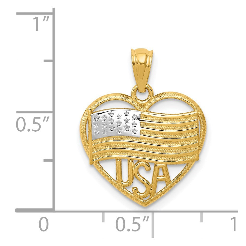 14k w/Rhodium Polished American Flag USA in Heart Pendant