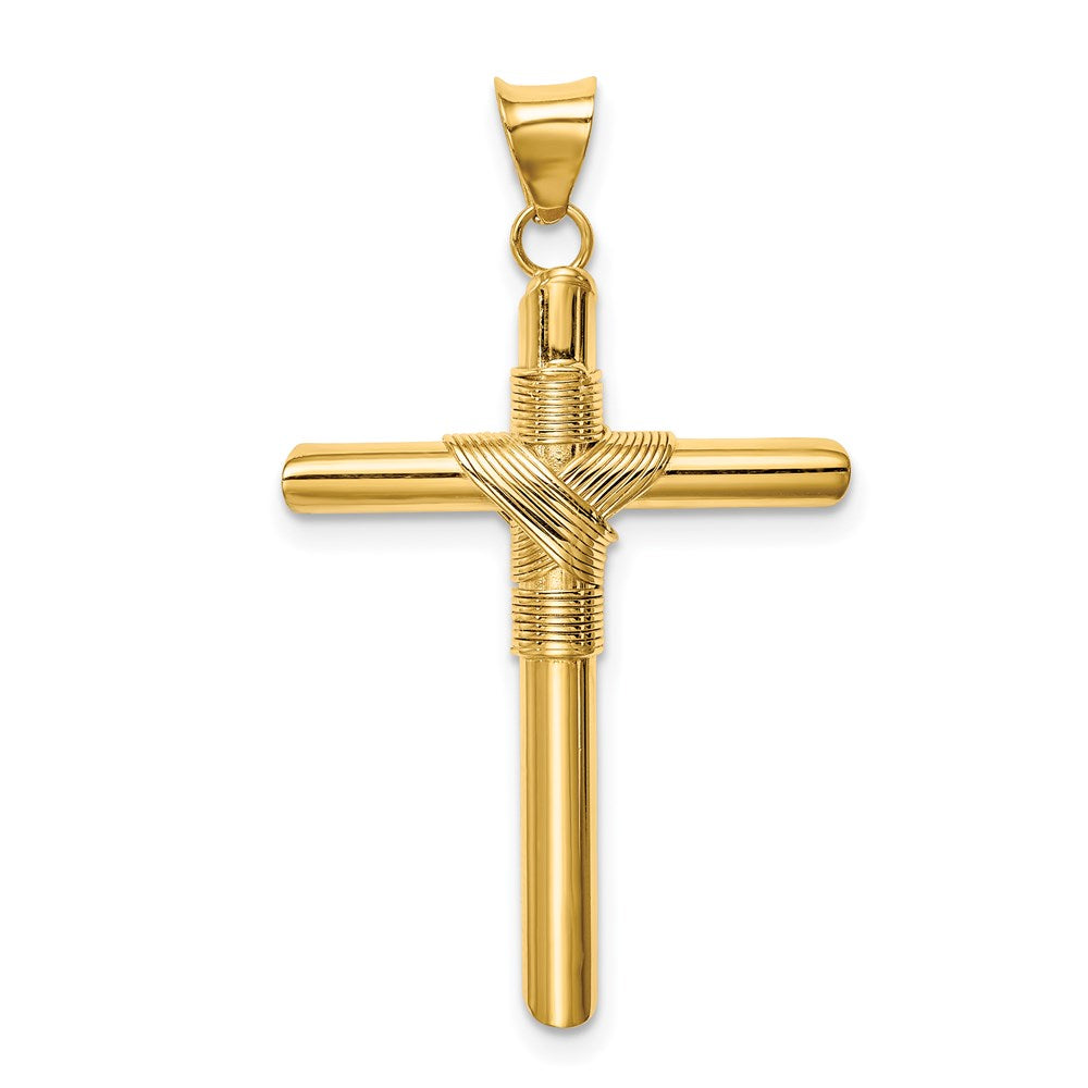 14K Polished w/Center Wrap Tube Cross Pendant