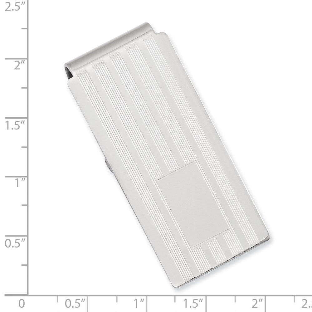 Rhodium-plated Kelly Waters Lined Engraveable Hinged Money Clip with Engravable Area