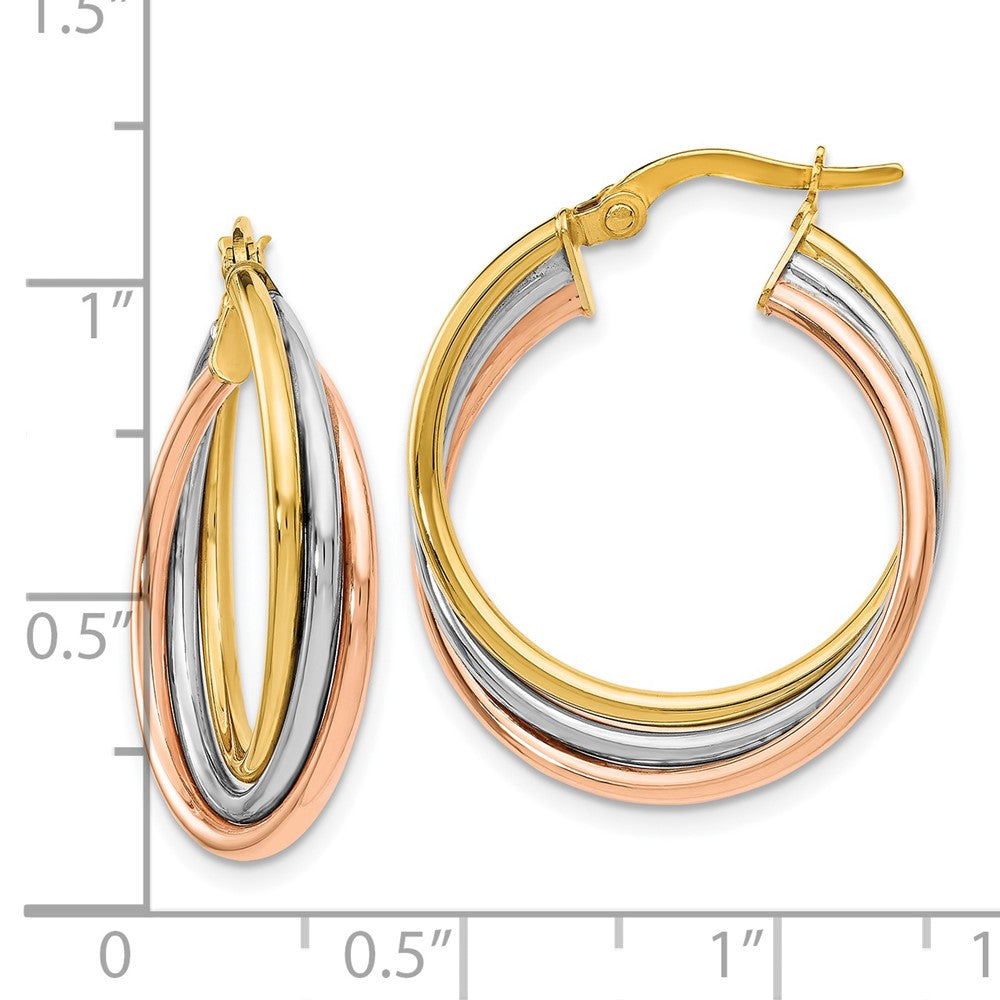14K Tri-color Polished and Textured Twisted Hoop Earrings