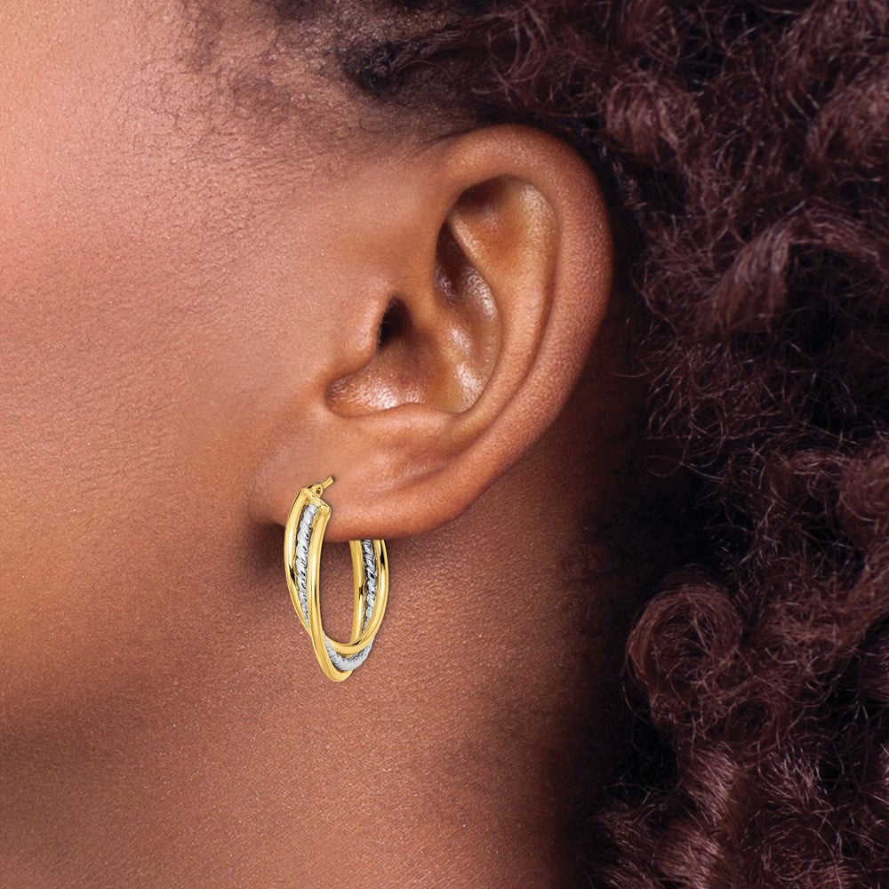 14K Two-tone Polished and Textured Twisted Hoop Earrings