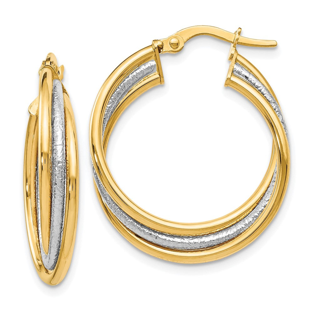 14K Two-tone Polished and Textured Twisted Hoop Earrings