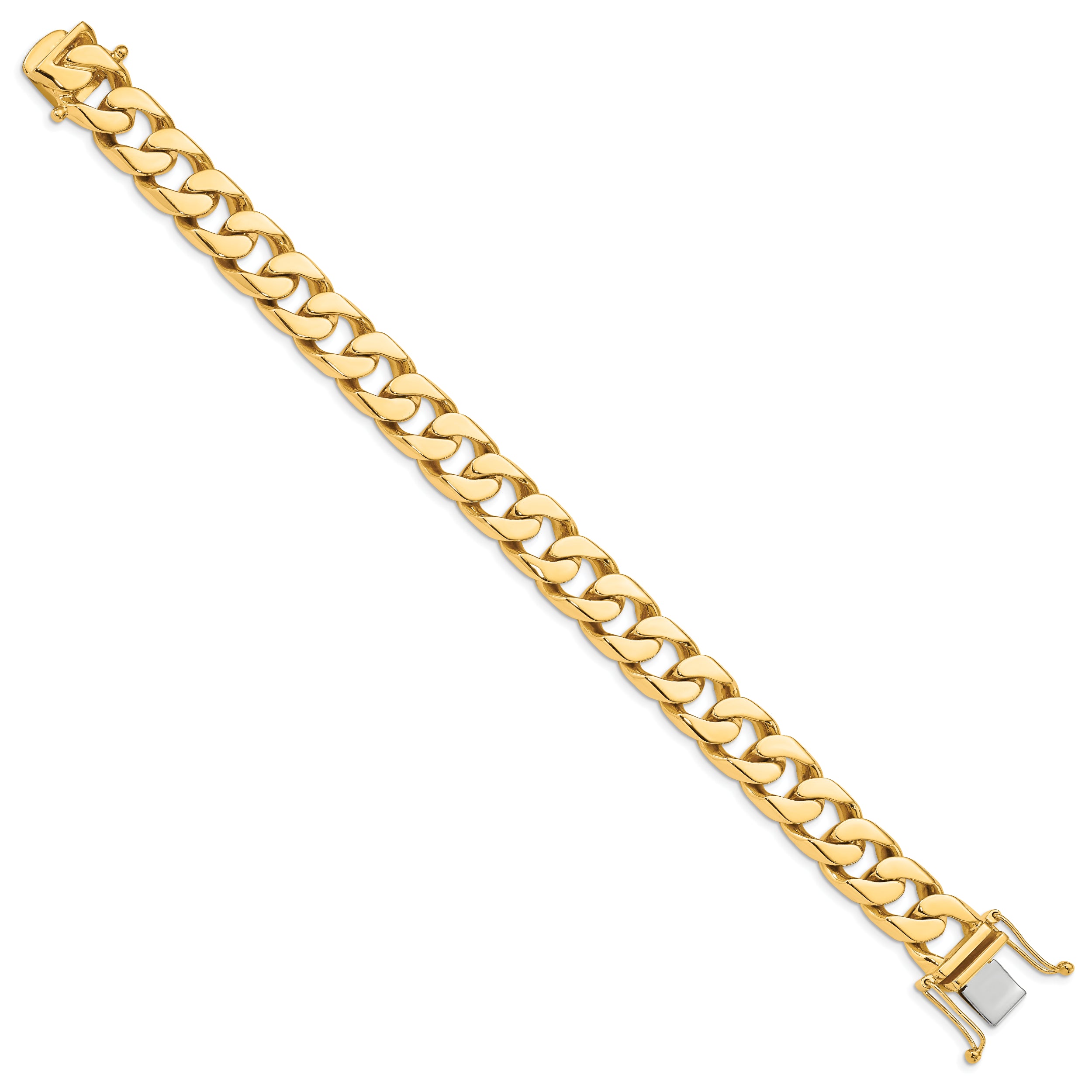 14K 8 Inch 12Mm Hand Polished Flat Beveled Curb Link With Box Catch Clasp Bracelet
