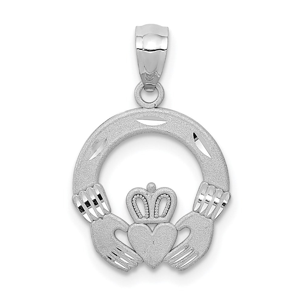 14k White Gold Solid D/C Claddagh Pendant