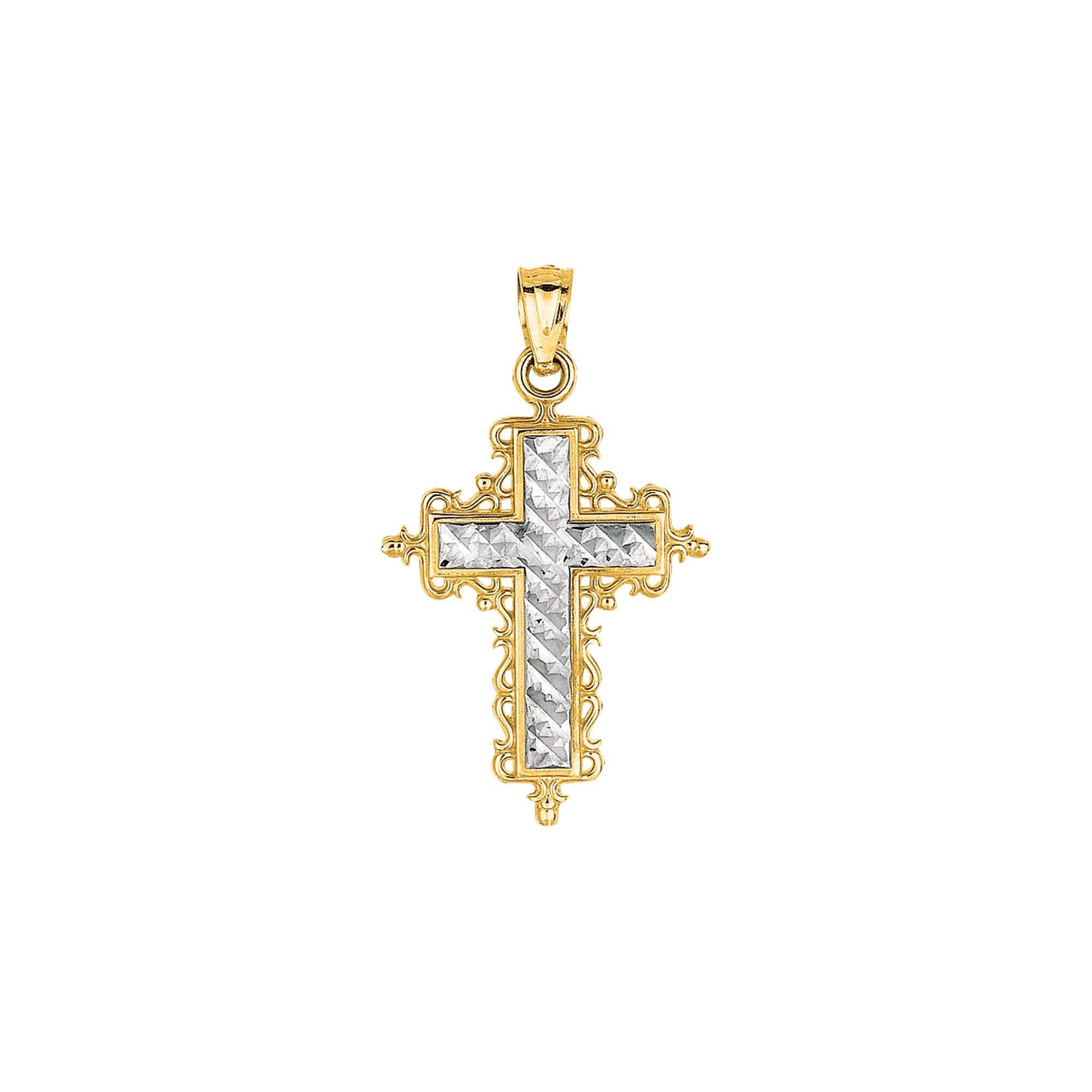 14K Yellow & White Gold Small Diamond Cut Cross