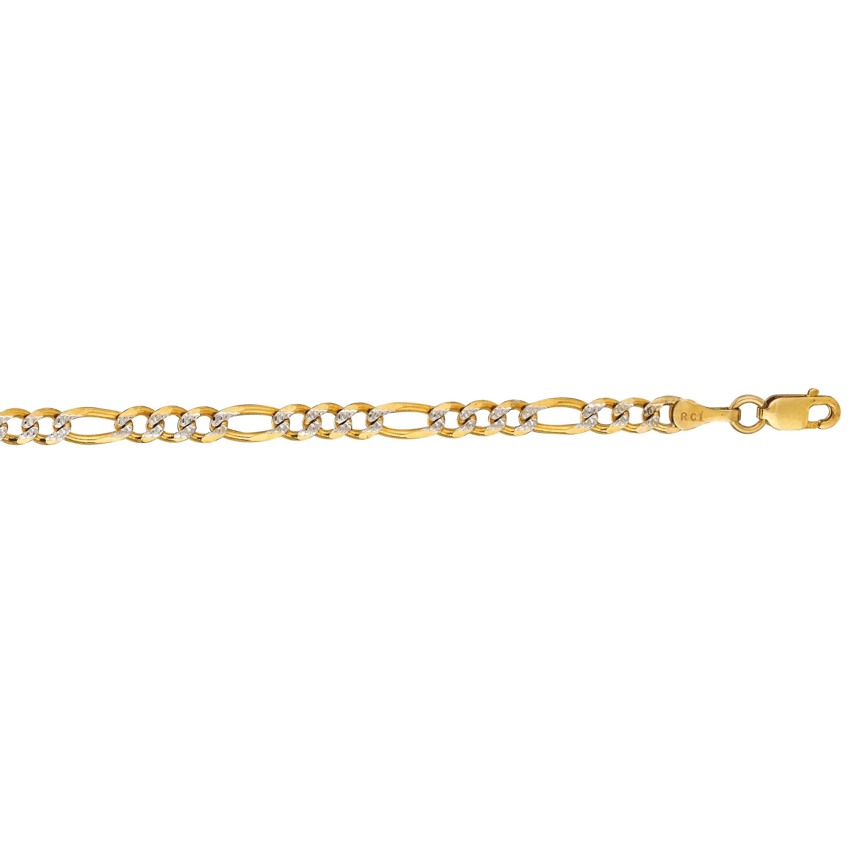 14K Yellow Gold 3.65mm White Pave Figaro 24" Chain with Lobster Lock