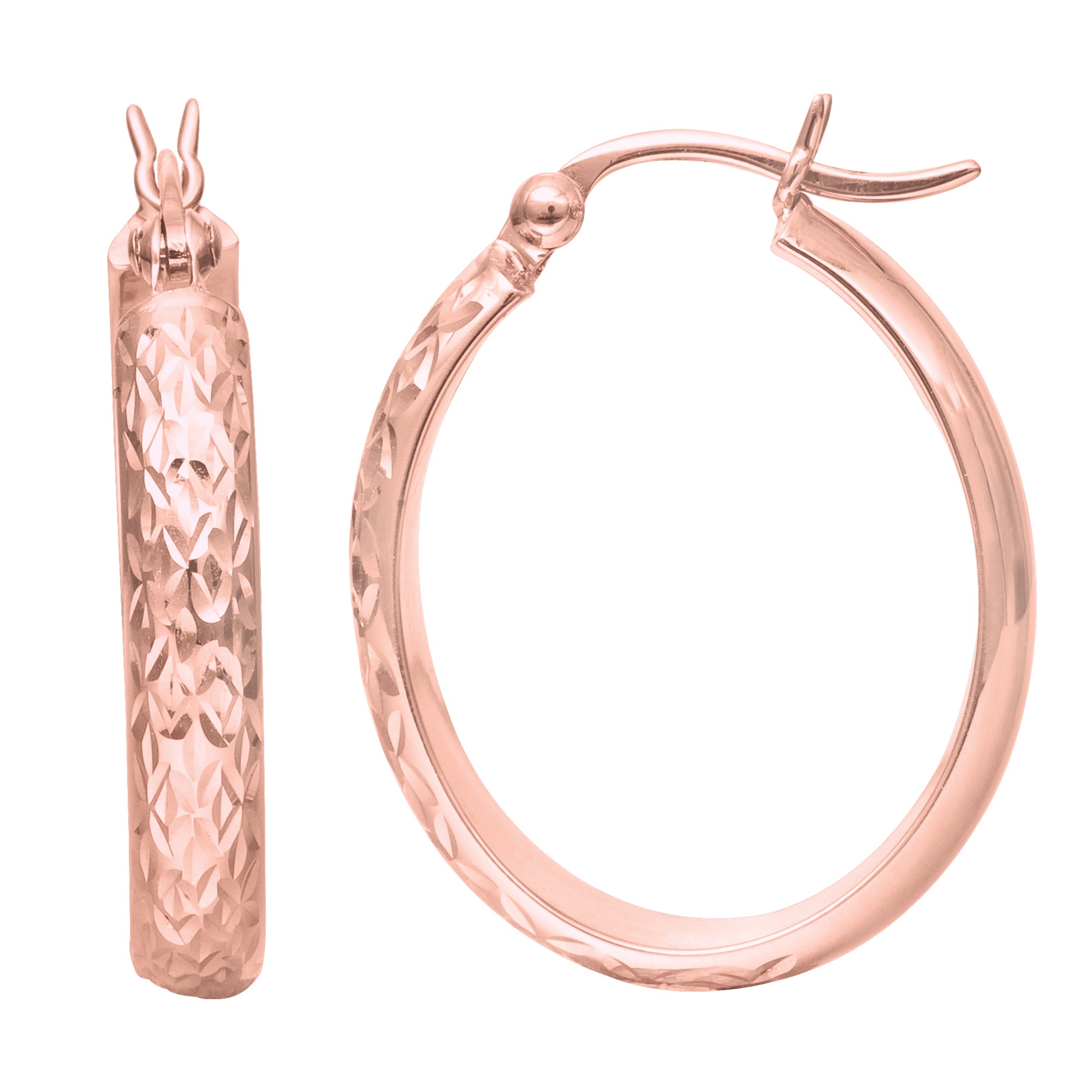 14K Rose Gold Oval Diamond Cut Hoop Earring