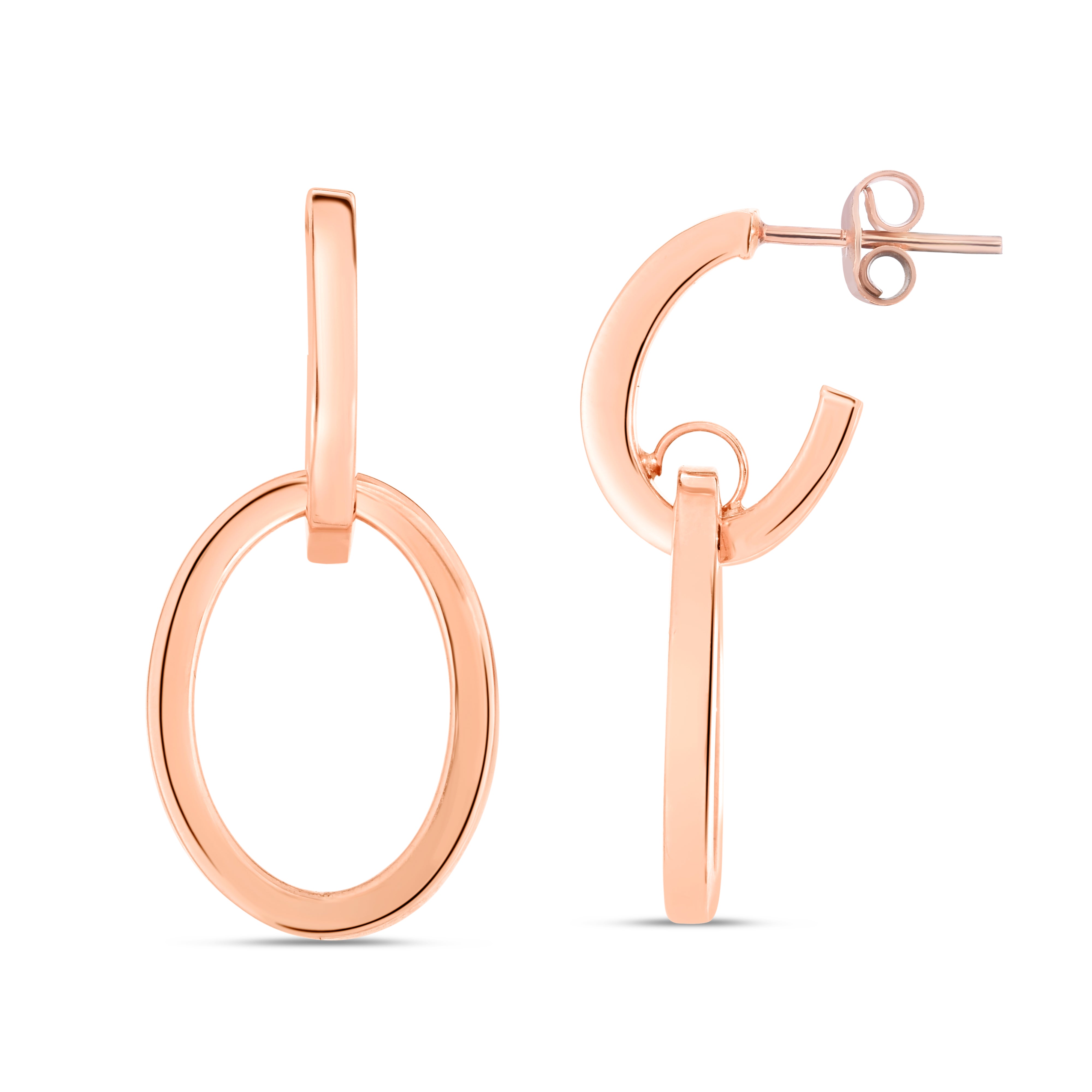 14K Rose Gold Polished Interlocking Drop Hoop Earrings With Push Back Clasp