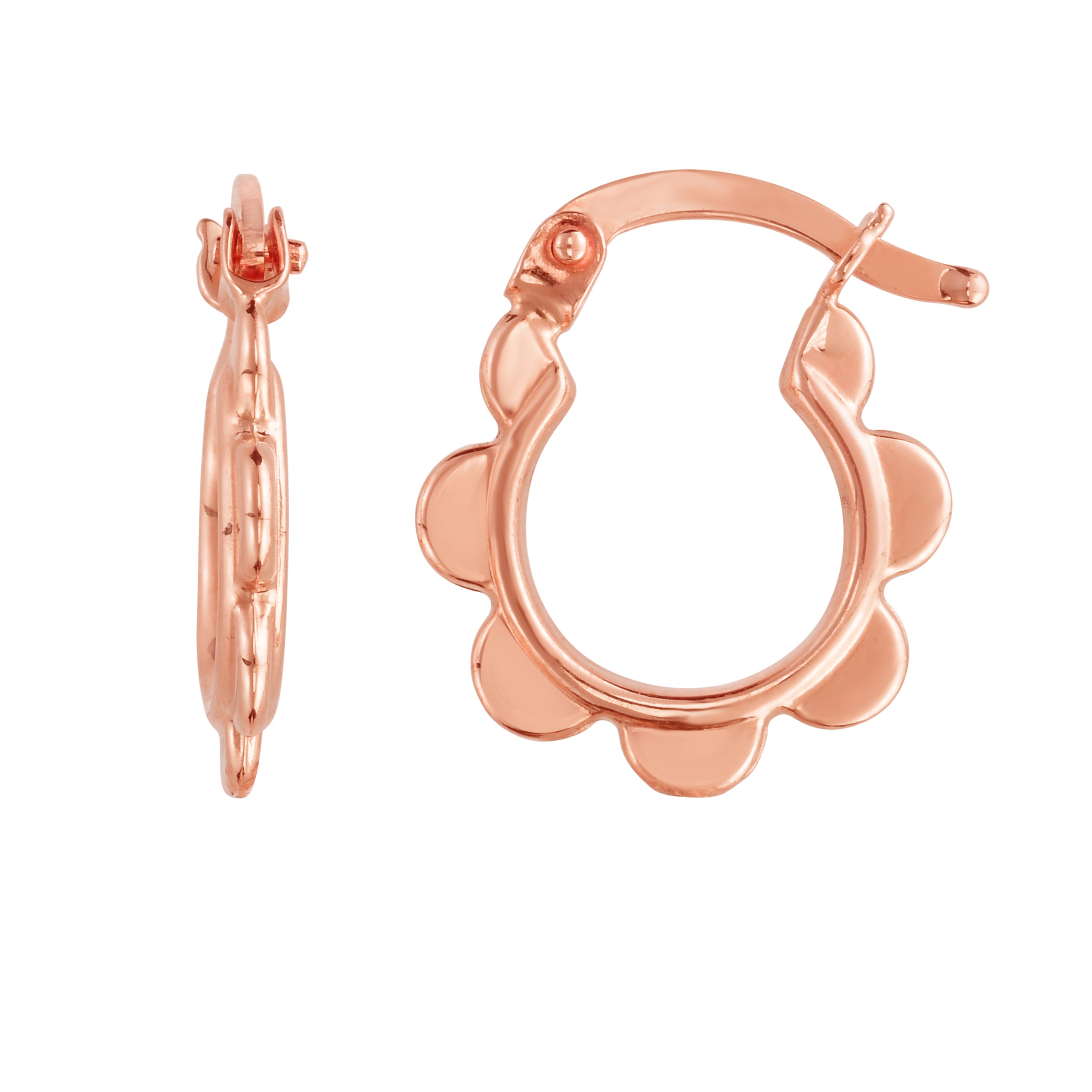 14K Rose Gold Scalloped Hoop Earring With Hinged Clasp