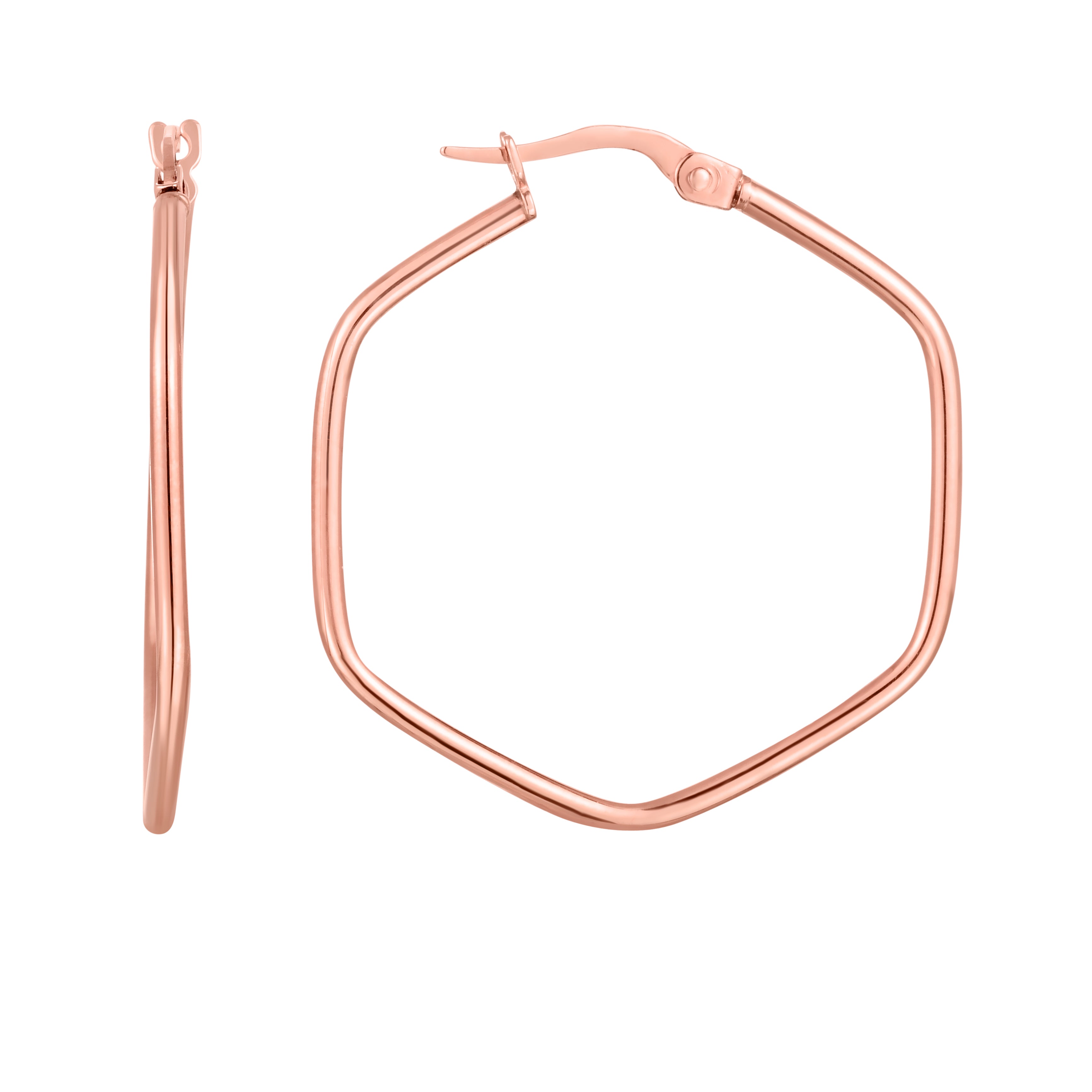 14K Rose Gold Polished Rounded Edges Hexagon Hoop with Hinged Clasp