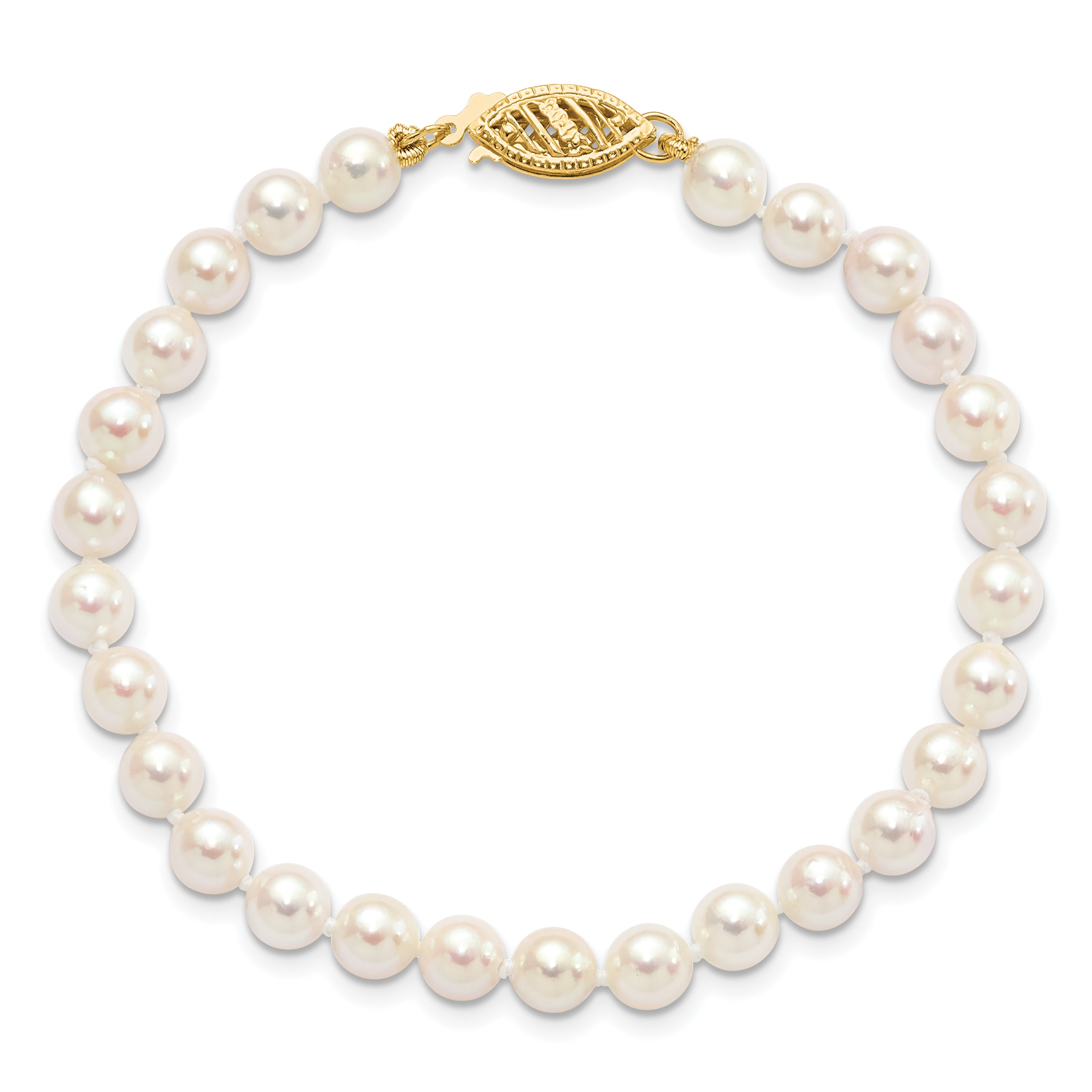 14k 5-6mm White Round Akoya Saltwater Cultured Pearl 7 inch Bracelet