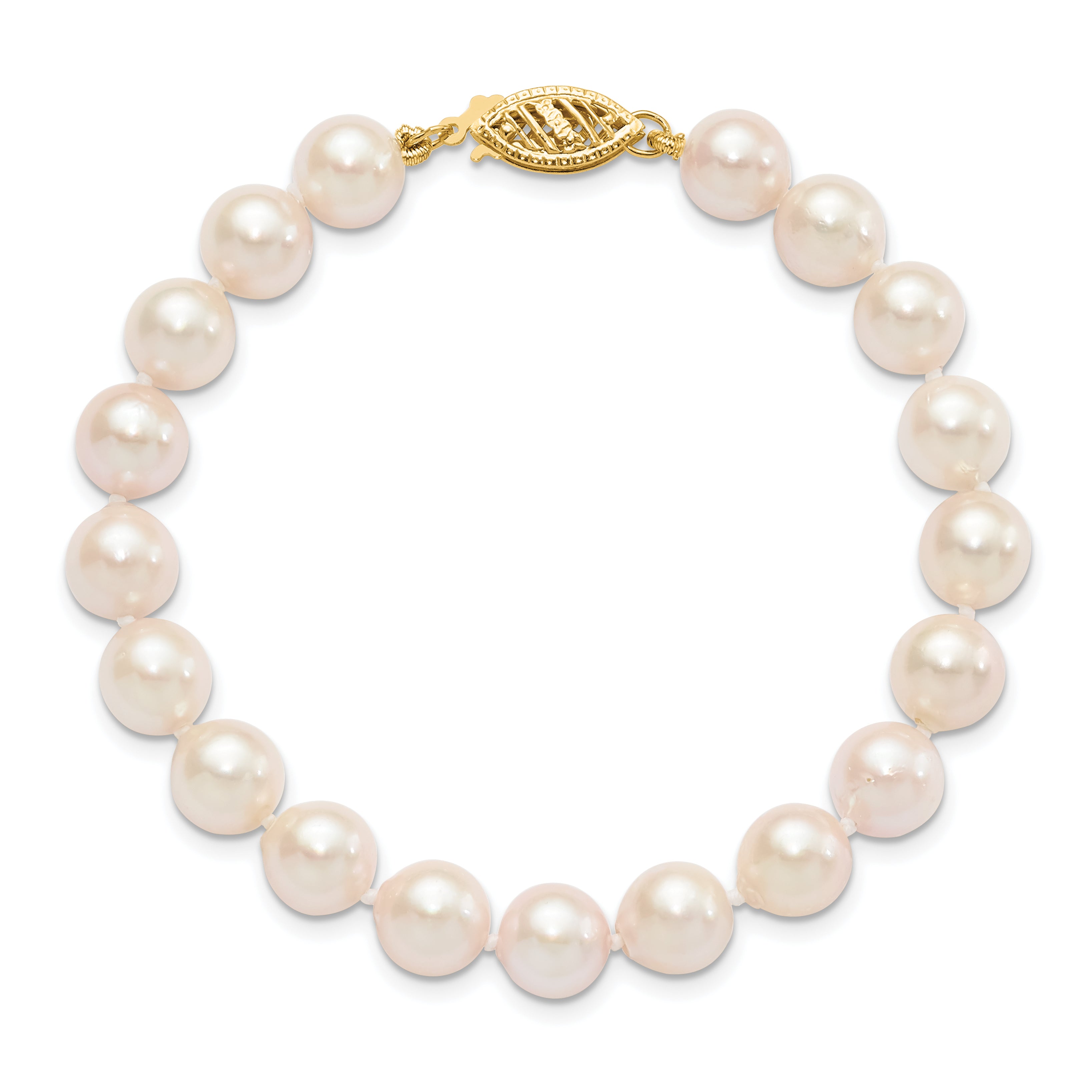14k 7-8mm White Round Akoya Saltwater Cultured Pearl 7 inch Bracelet