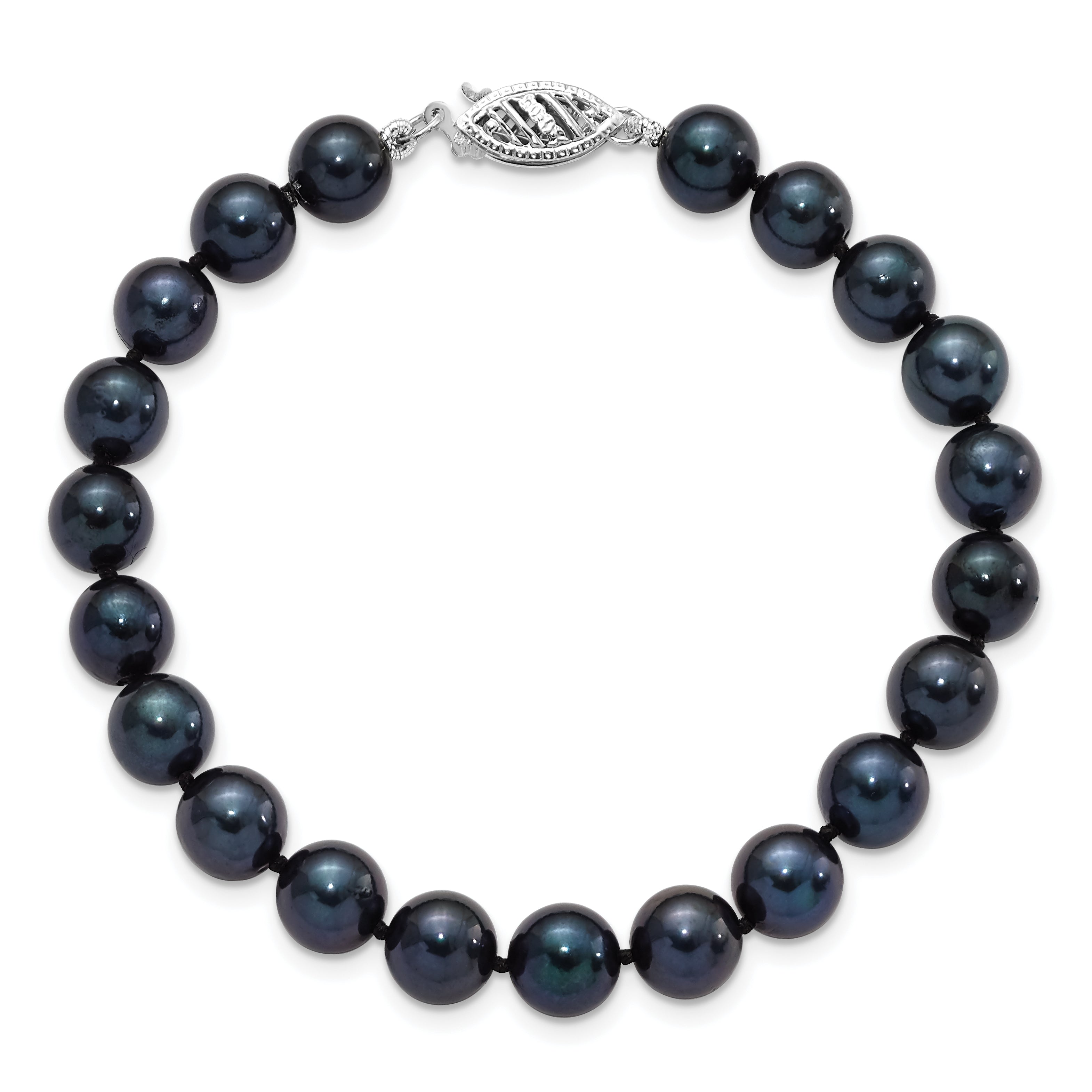 14k White Gold 7-8mm Black Round Akoya Saltwater Cultured Pearl 7 inch Bracelet