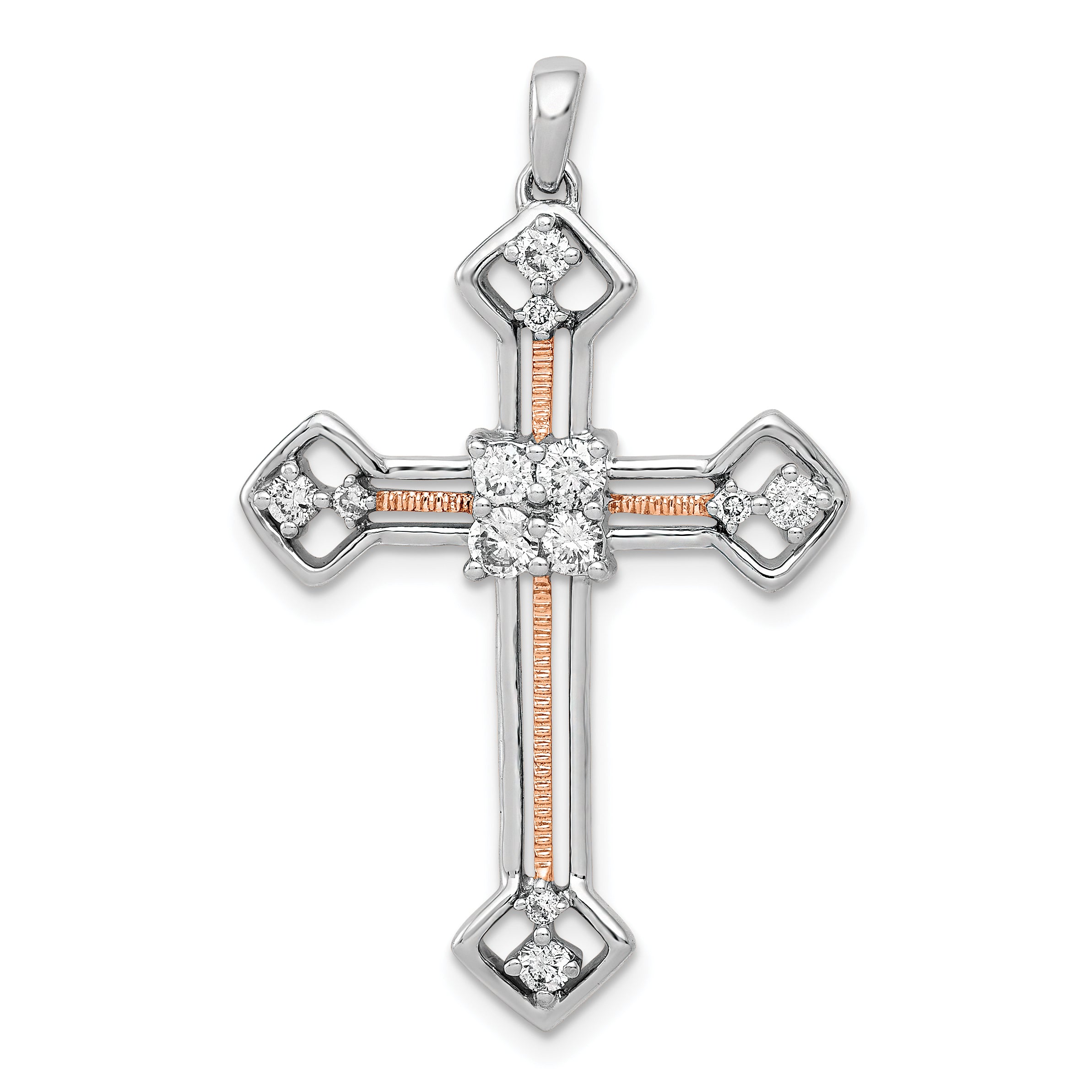 14k Two Tone Rose and White Gold 3/8 carat Lab Grown Diamond VS/SI+ G+ Complete Cross Pendant
