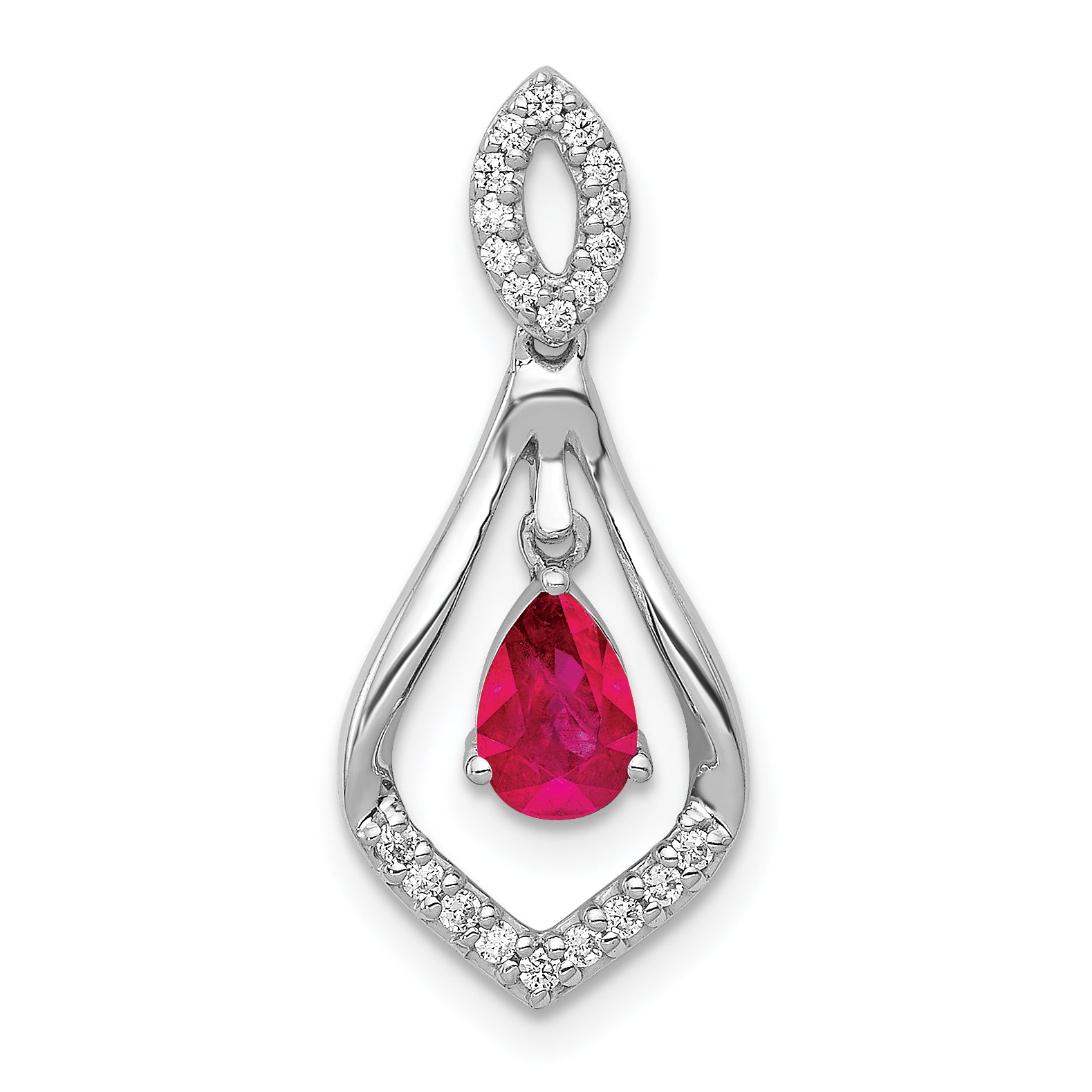 14k White Gold 1/10 carat Lab Grown Diamond VS/SI+ G+ and Lab Created Ruby Dangle Pendant