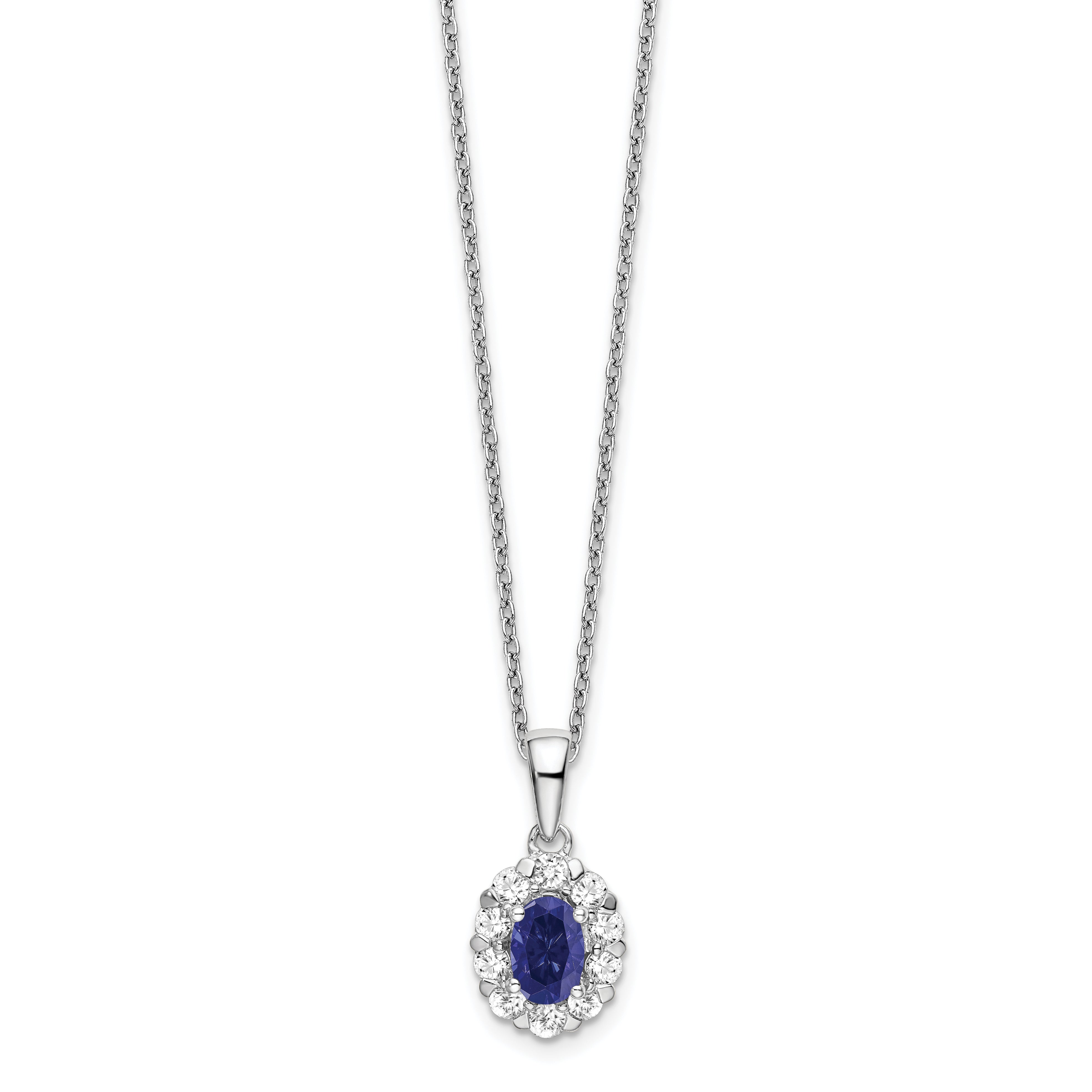14k White Gold 1/2 carat Lab Grown Diamond VS/SI+ G+ and Oval Lab Created Blue Sapphire Complete 18 inch Halo Pendant Necklace