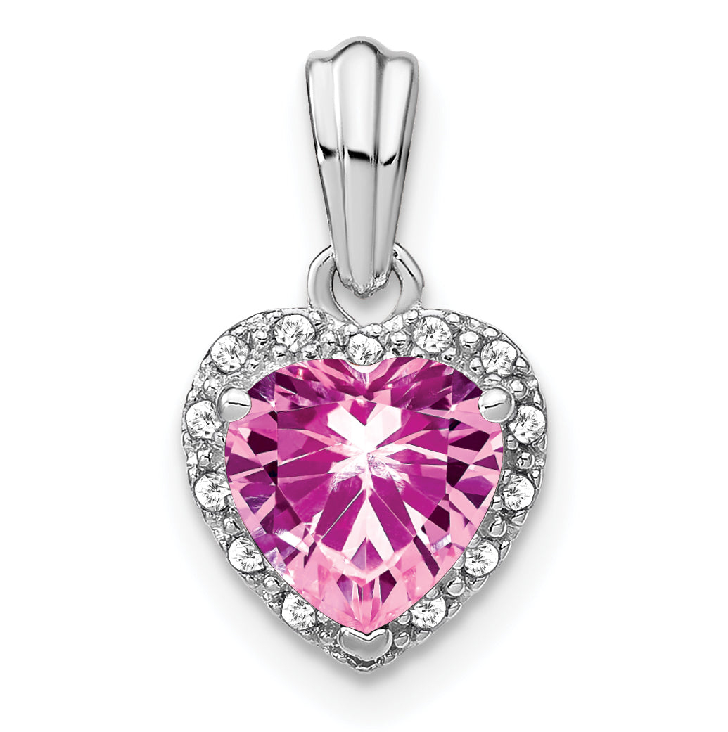 Pure Serenity 14k White Gold 1/15 carat Lab Grown Diamond VS/SI+ G+ and Lab Created Pink Sapphire Heart Pendant