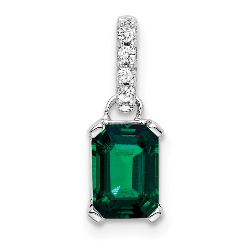 14K White Gold Lab Grown VS/SI FGH Dia and Created Emerald Pendant