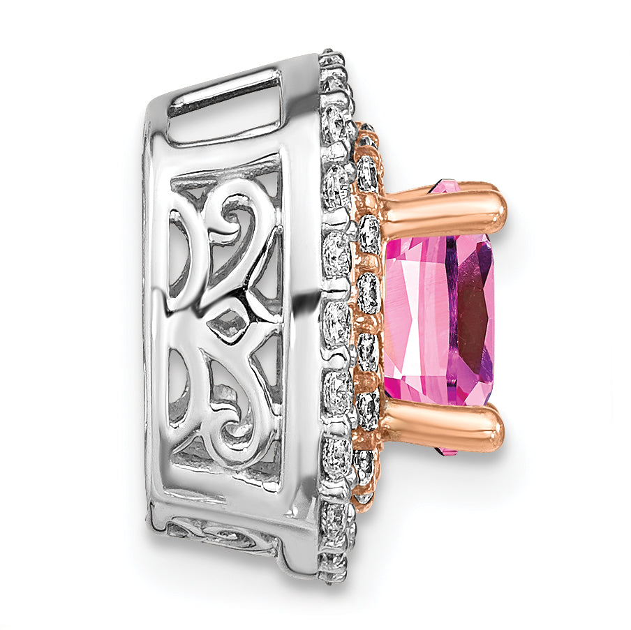 14k Two Tone Rose and White Gold 1/2 carat Lab Grown Diamond VS/SI+ G+ and Lab Created Pink Sapphire Chain Slide Pendant