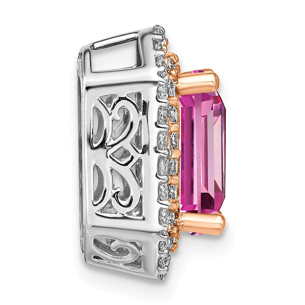 14k Two Tone Rose and White Gold 5/8 carat Lab Grown Diamond VS/SI+ G+ and Lab Created Pink Sapphire Complete Chain Slide Pendant