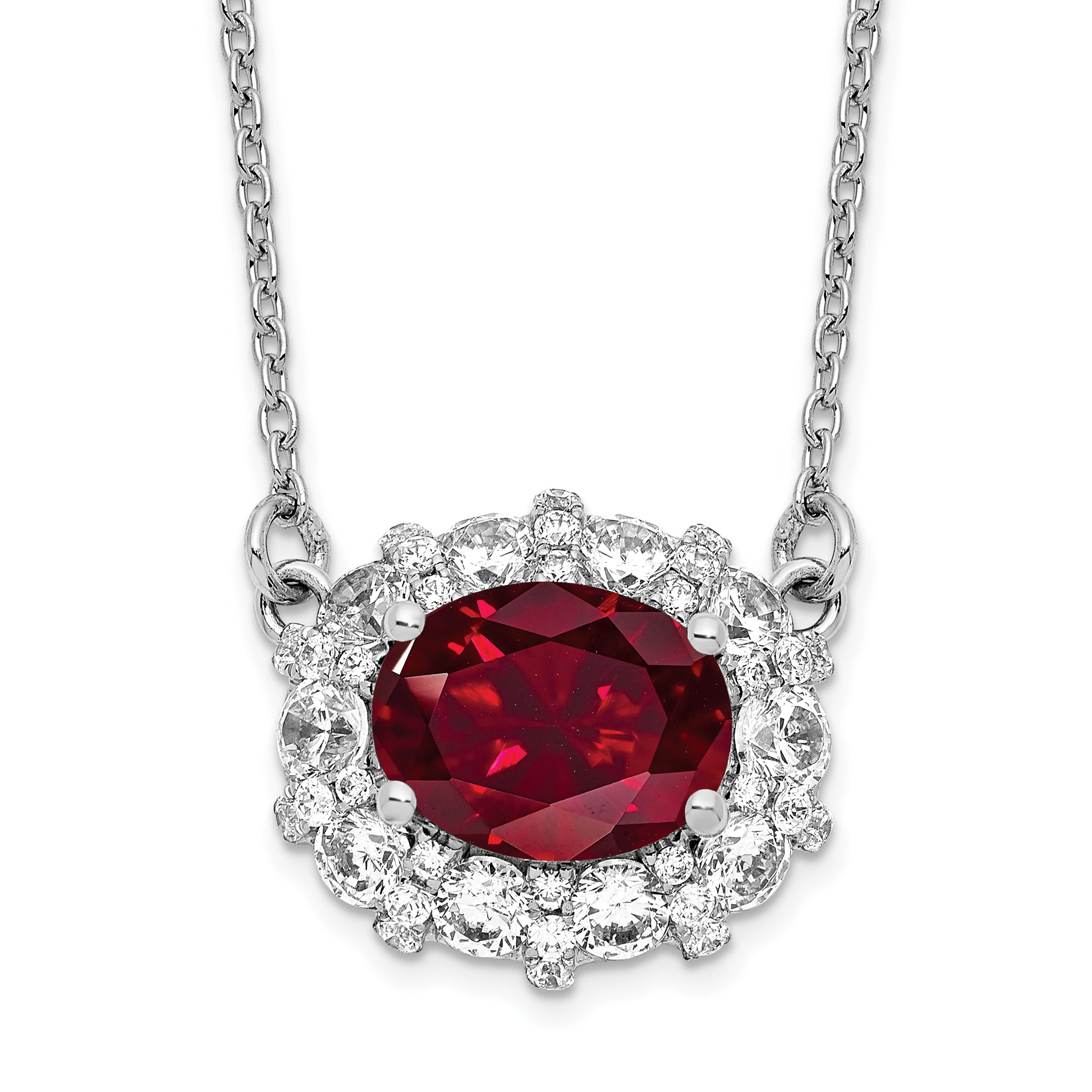 14k White Gold 1 carat Lab Grown Diamond VS/SI+ G+ and Created Ruby Complete 18 inch Necklace