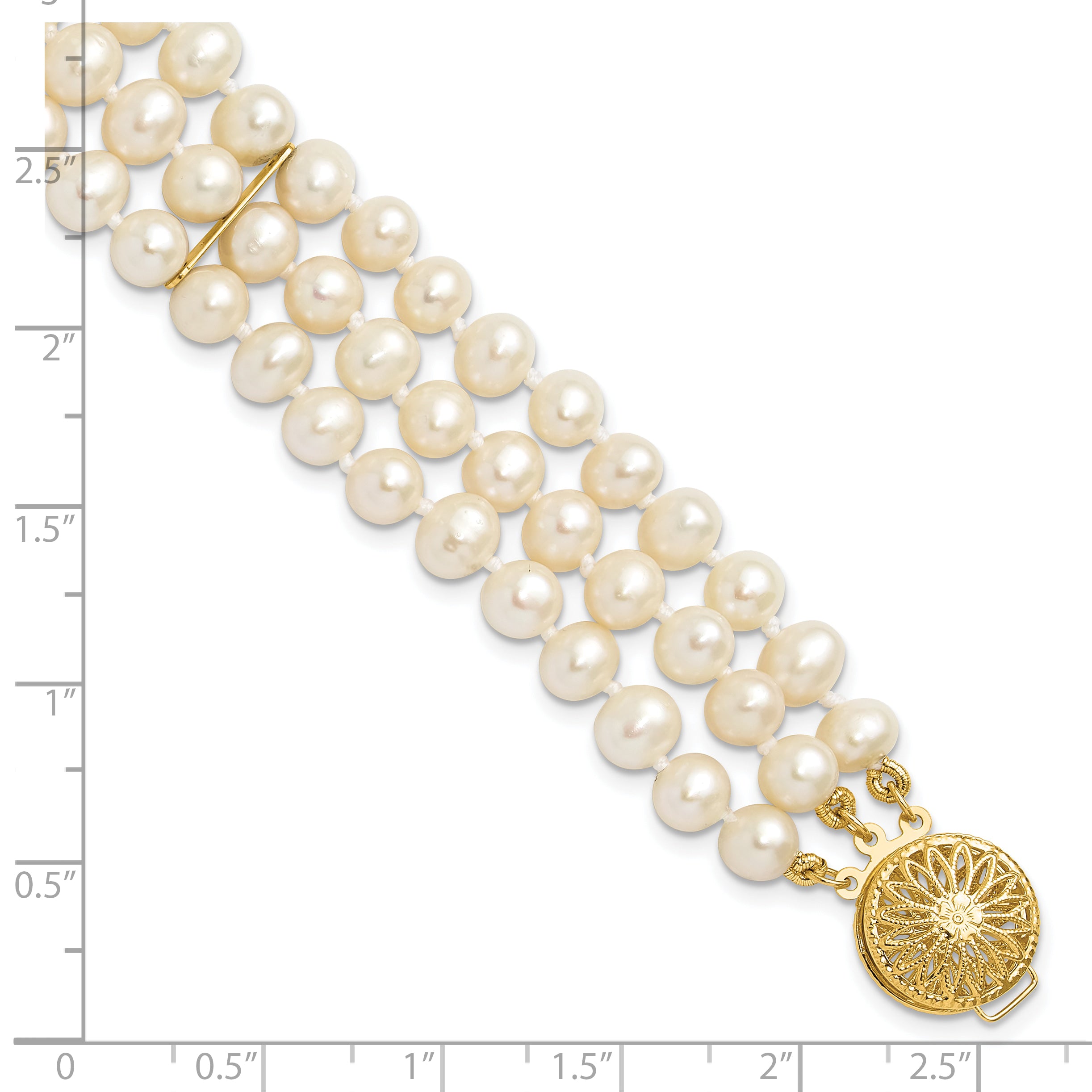 14k 5-6mm White Near-Round Freshwater Cultured Pearl 3-Strand 7.5 inch Bracelet
