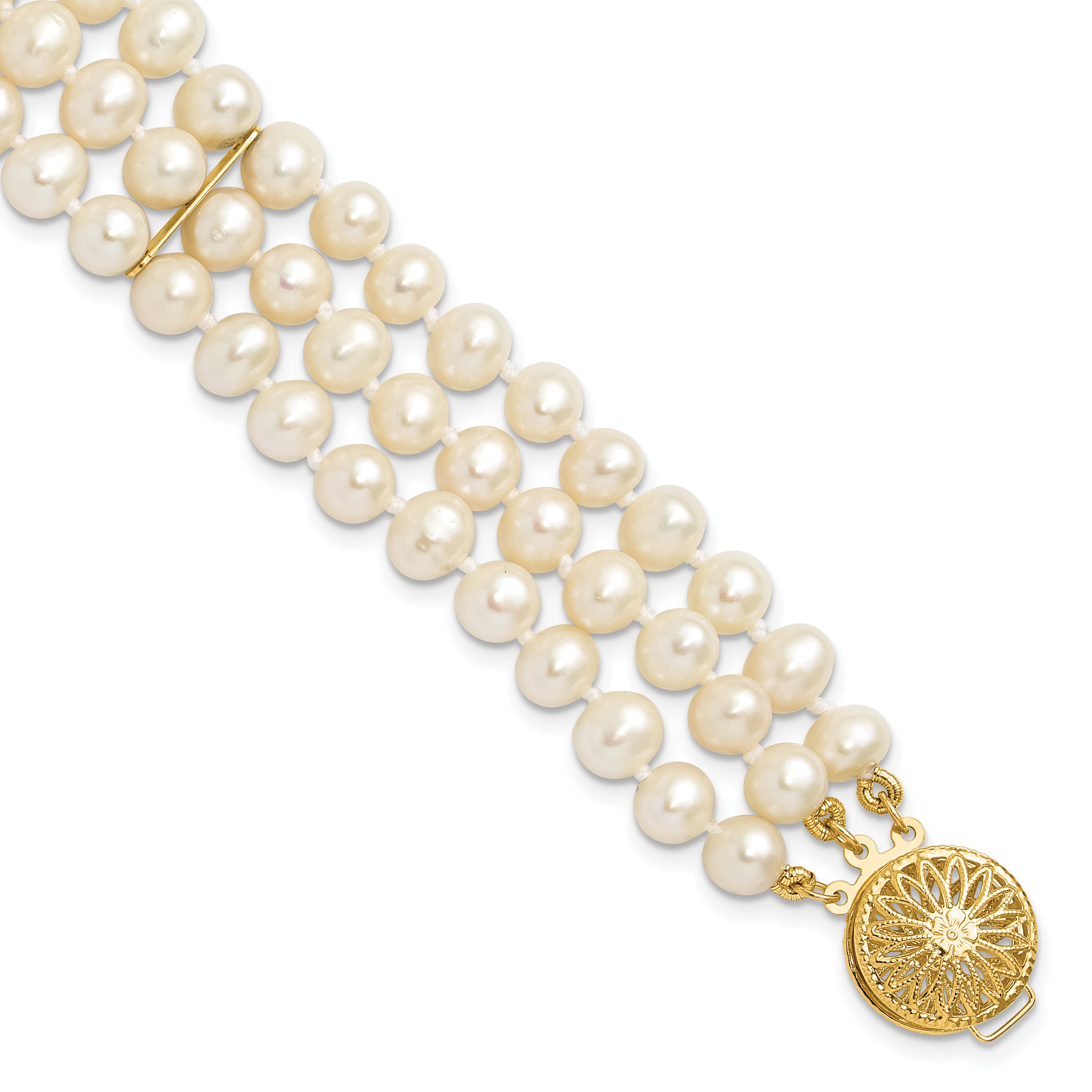 14k 5-6mm White Near-Round Freshwater Cultured Pearl 3-Strand 7.5 inch Bracelet