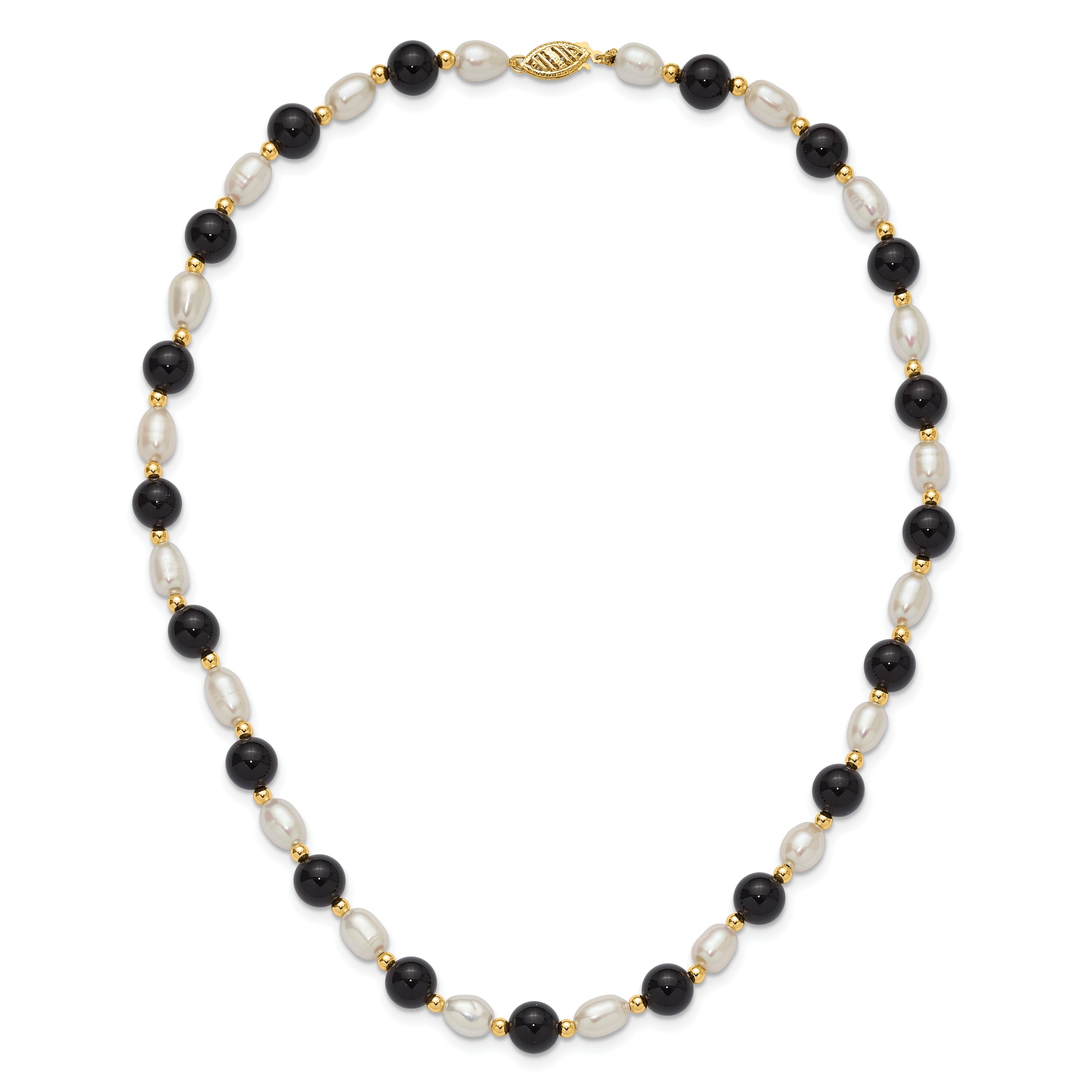 14k 6-7mm White Rice Freshwater Cultured Pearl and Onyx Beads 17 inch Necklace