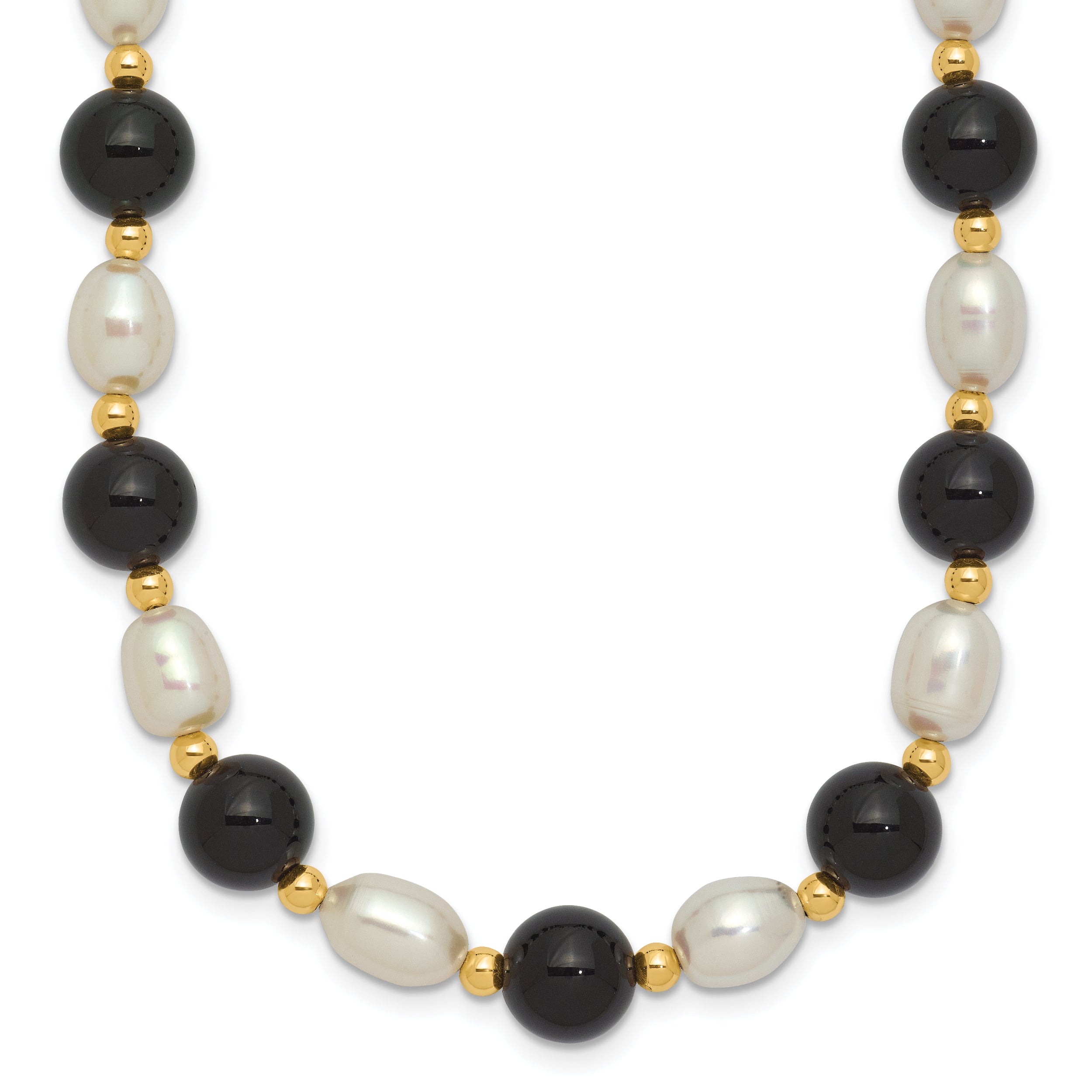 14k 6-7mm White Rice Freshwater Cultured Pearl and Onyx Beads 17 inch Necklace