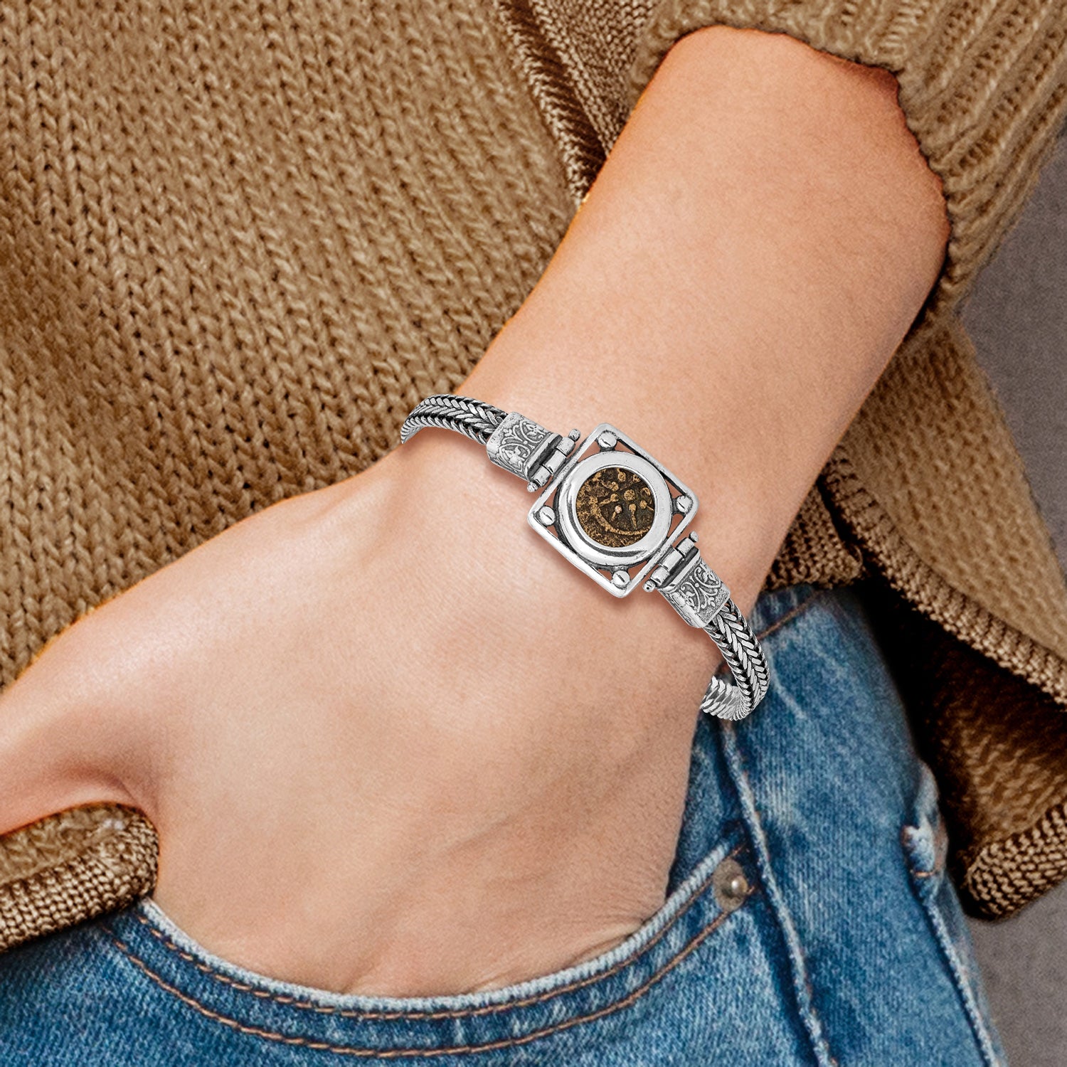 Ancient Coins Sterling Silver and Bronze Antiqued Widow's Mite Coin 7 inch Fancy Lobster Clasp Bracelet with a Certificate of Authenticity