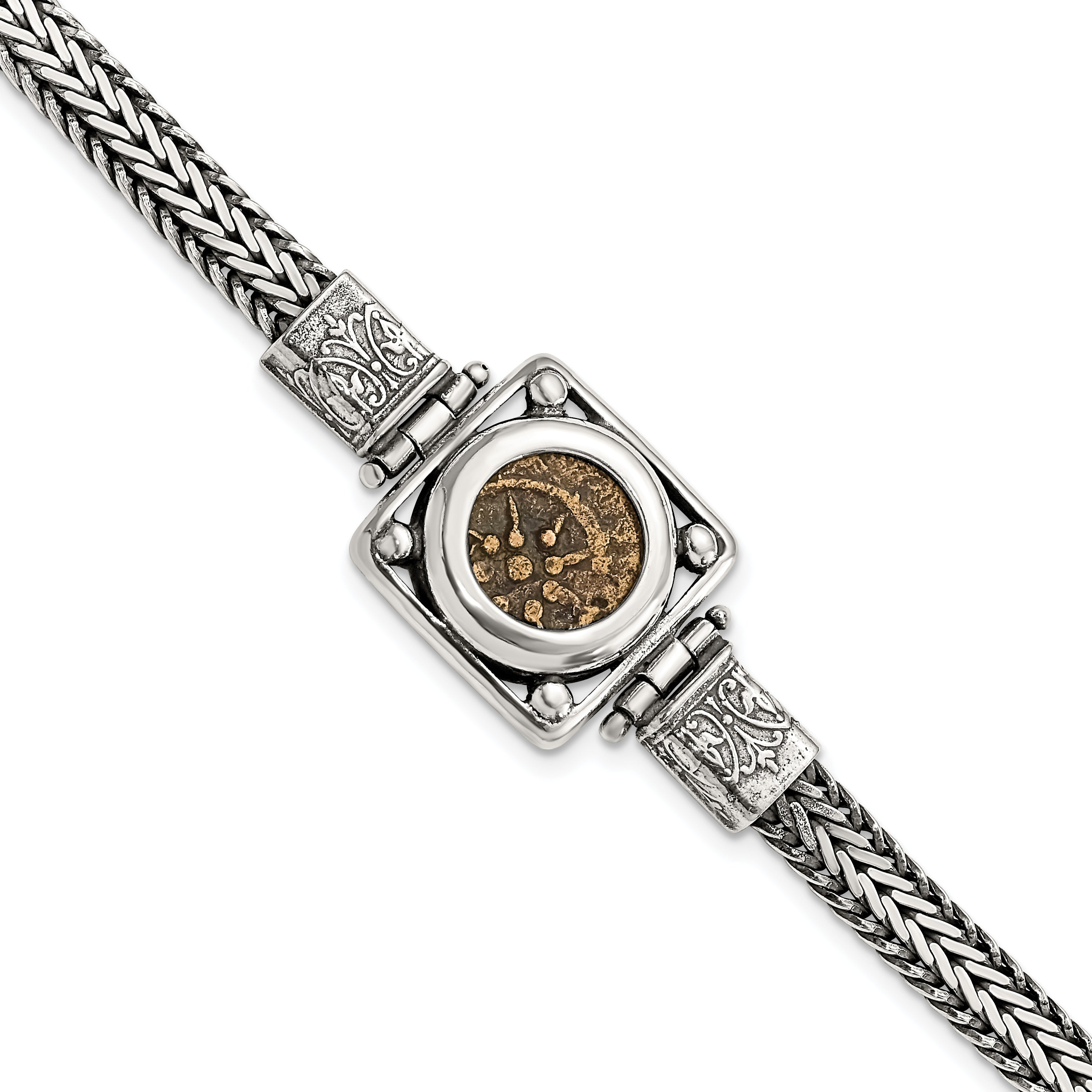 Ancient Coins Sterling Silver and Bronze Antiqued Widow's Mite Coin 7 inch Fancy Lobster Clasp Bracelet with a Certificate of Authenticity