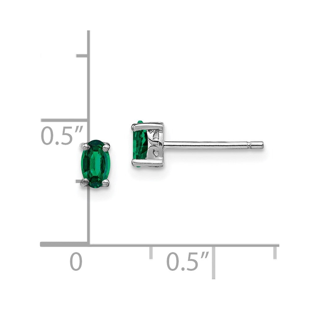 Sterling Silver Rhodium-plated 5x3mm Oval Created Emerald Post Earrings