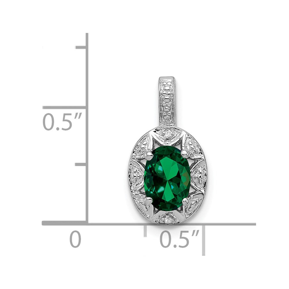 Sterling Silver Rhodium-plated Diam. & Created Emerald Pendant