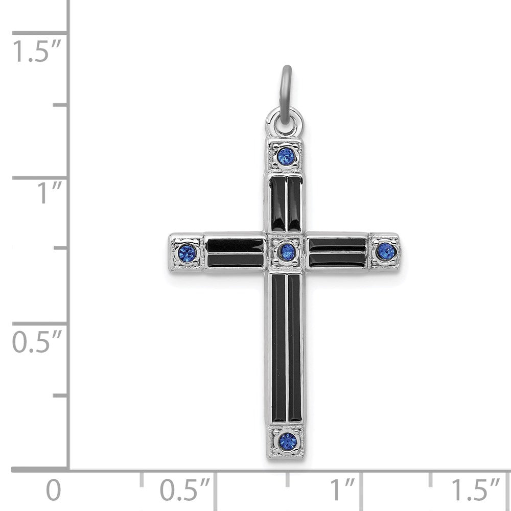 Sterling Silver Rhodium-plated Enameled & Blue CZ Cross Pendant