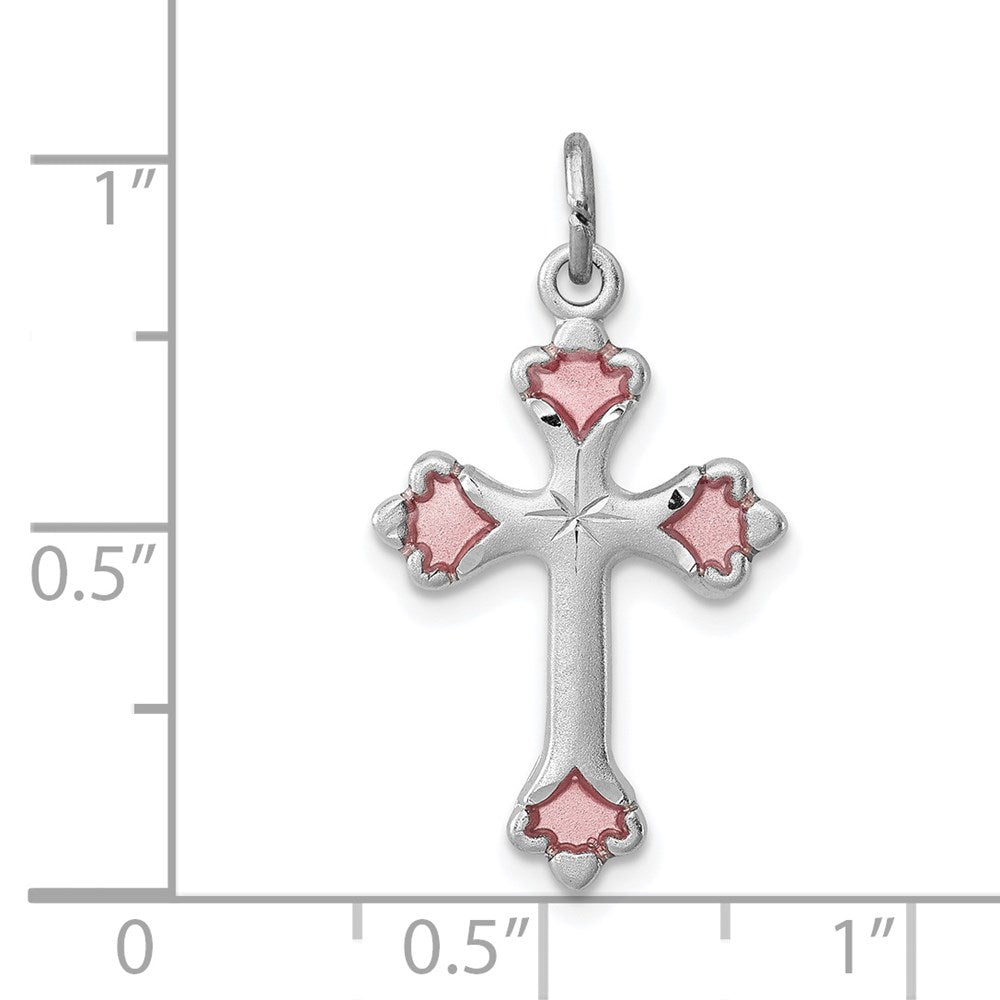 Sterling Silver Rhodium-plated Pink Enameled Budded Cross Charm