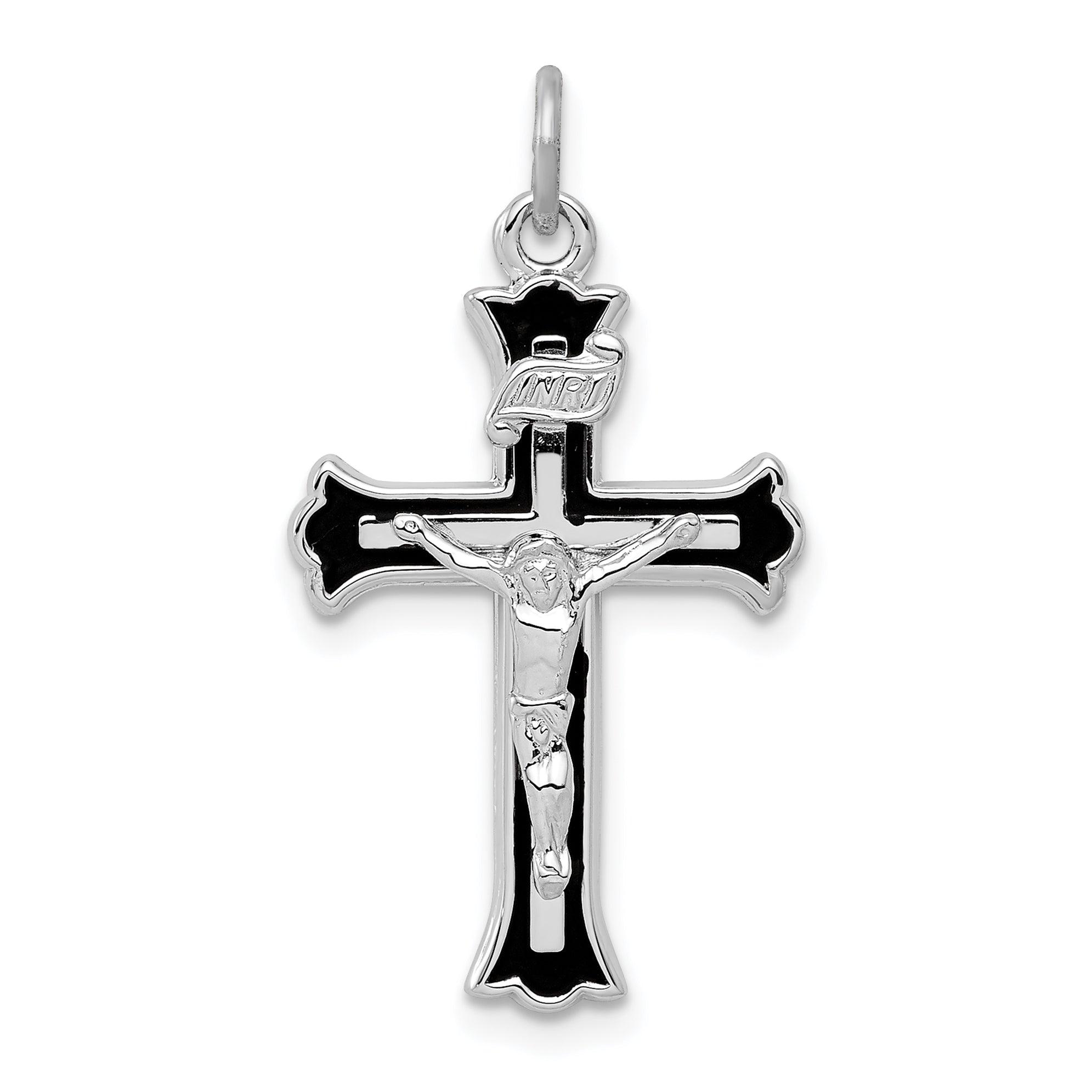 Sterling Silver Platinum-plated Enameled INRI Crucifix Charm