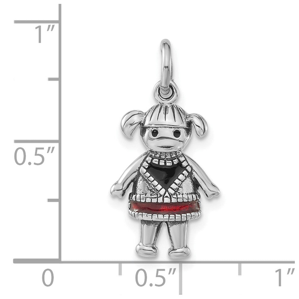 Sterling Silver Polished & Antiqued Red & Black Enamel Girl Charm