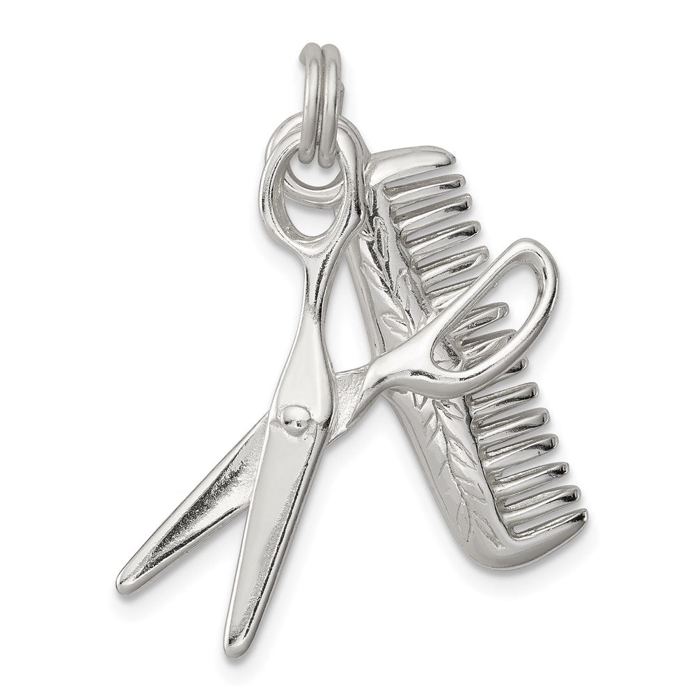 Sterling Silver Rhodium-plated Comb & Scissor Charm